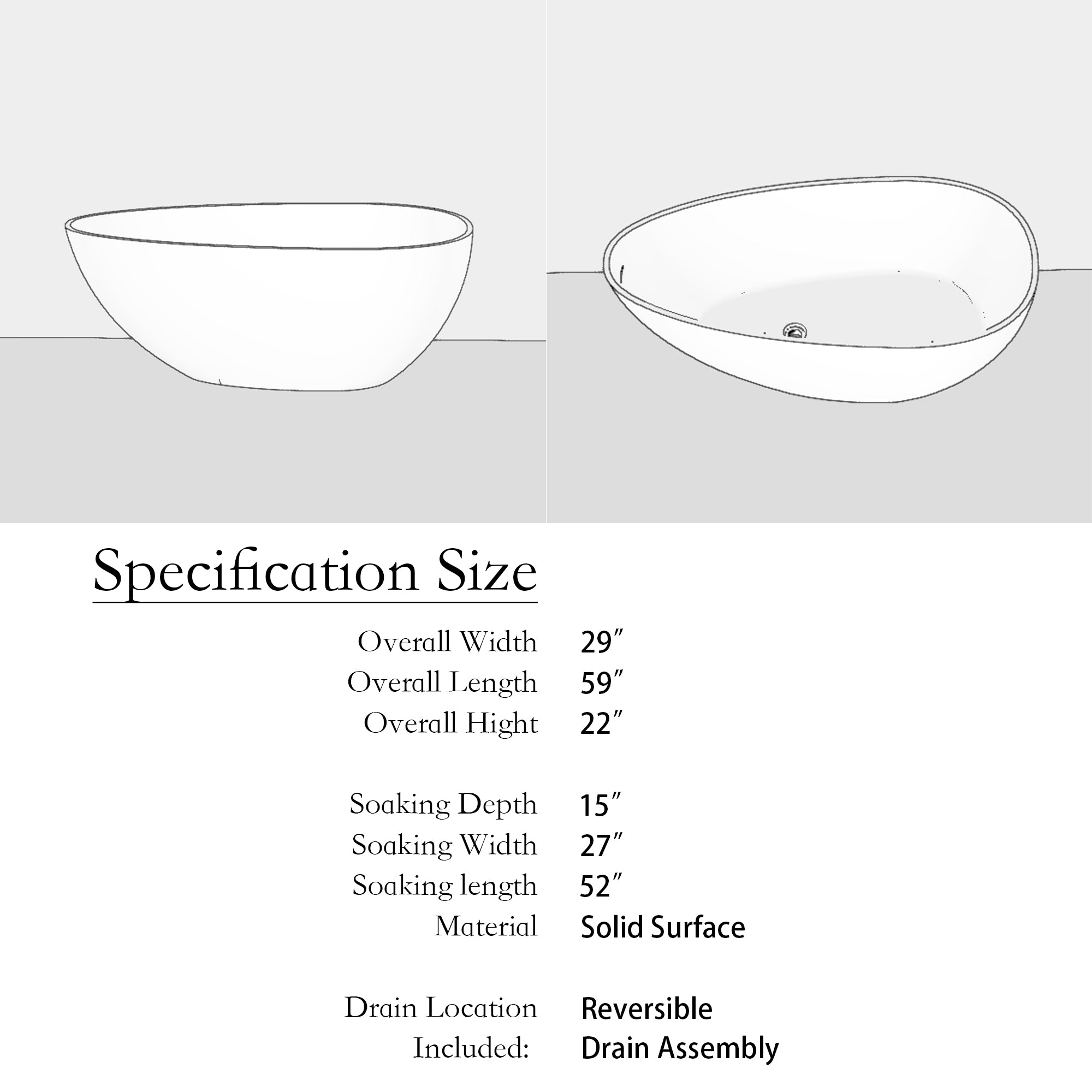59 in. Solid Surface Freestanding Soaking Bathtub in Matte White