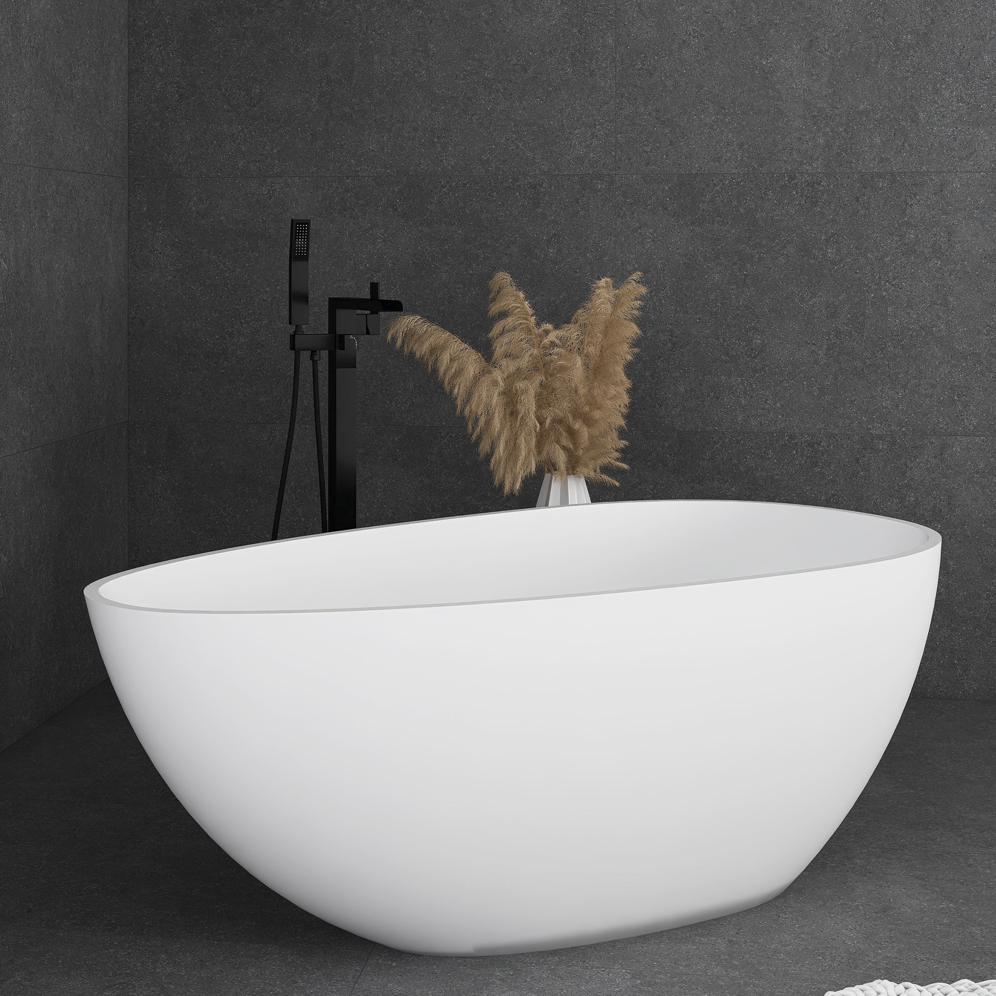 59 in. Solid Surface Freestanding Soaking Bathtub in Matte White