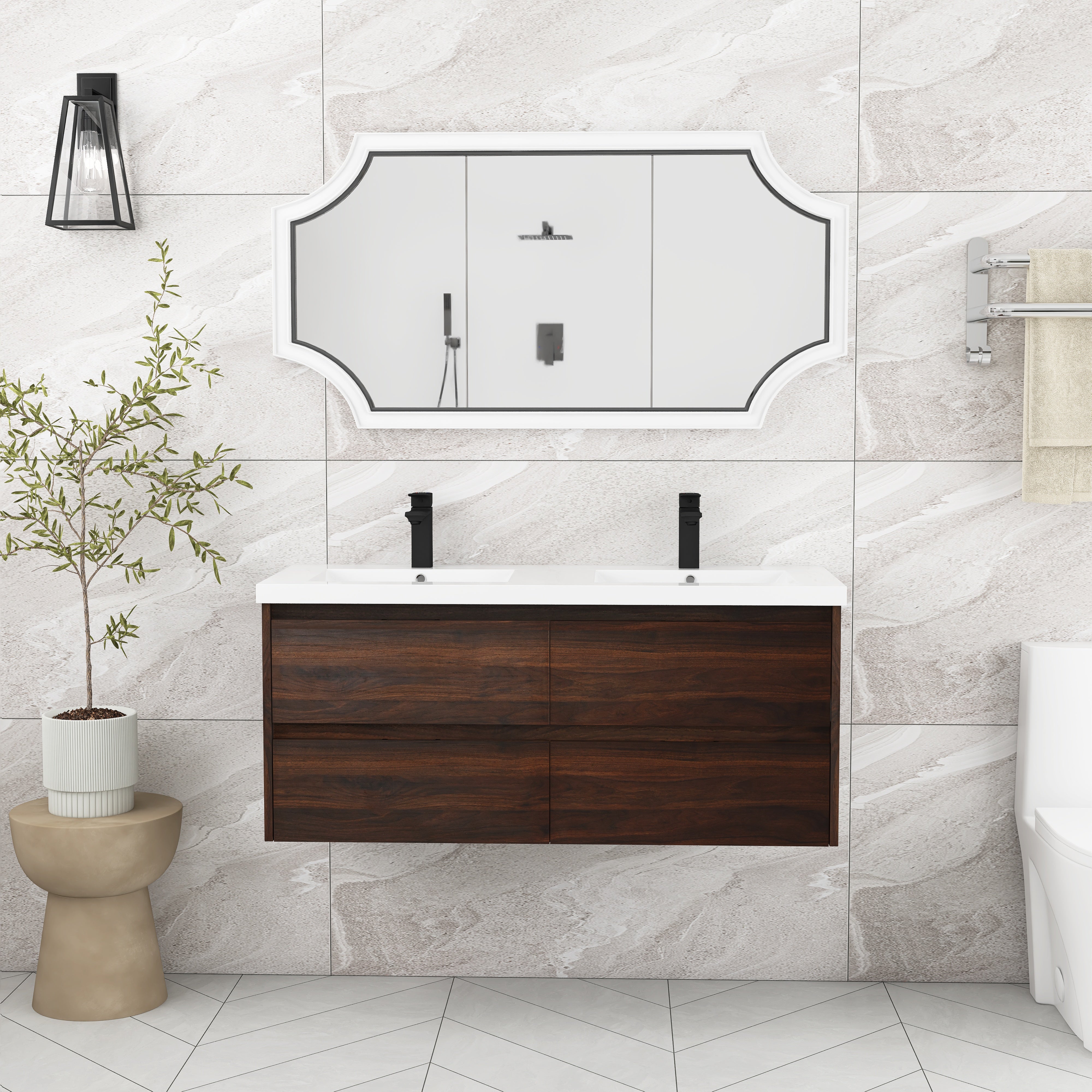 48 Inch Floating Bathroom Vanity With Dual Sink Resin Sink with 4 Soft Close Drawers