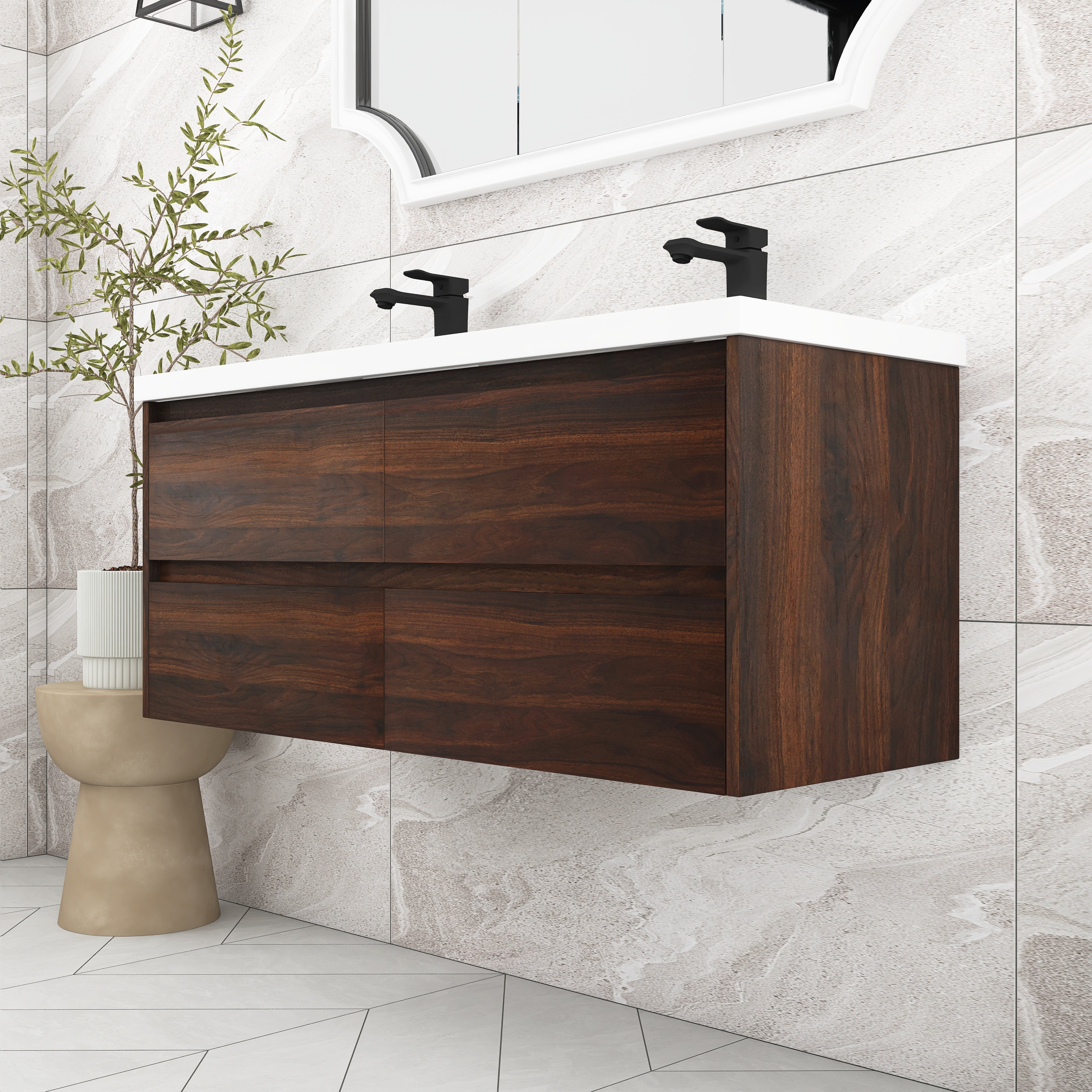 48 Inch Floating Bathroom Vanity With Dual Sink Resin Sink with 4 Soft Close Drawers