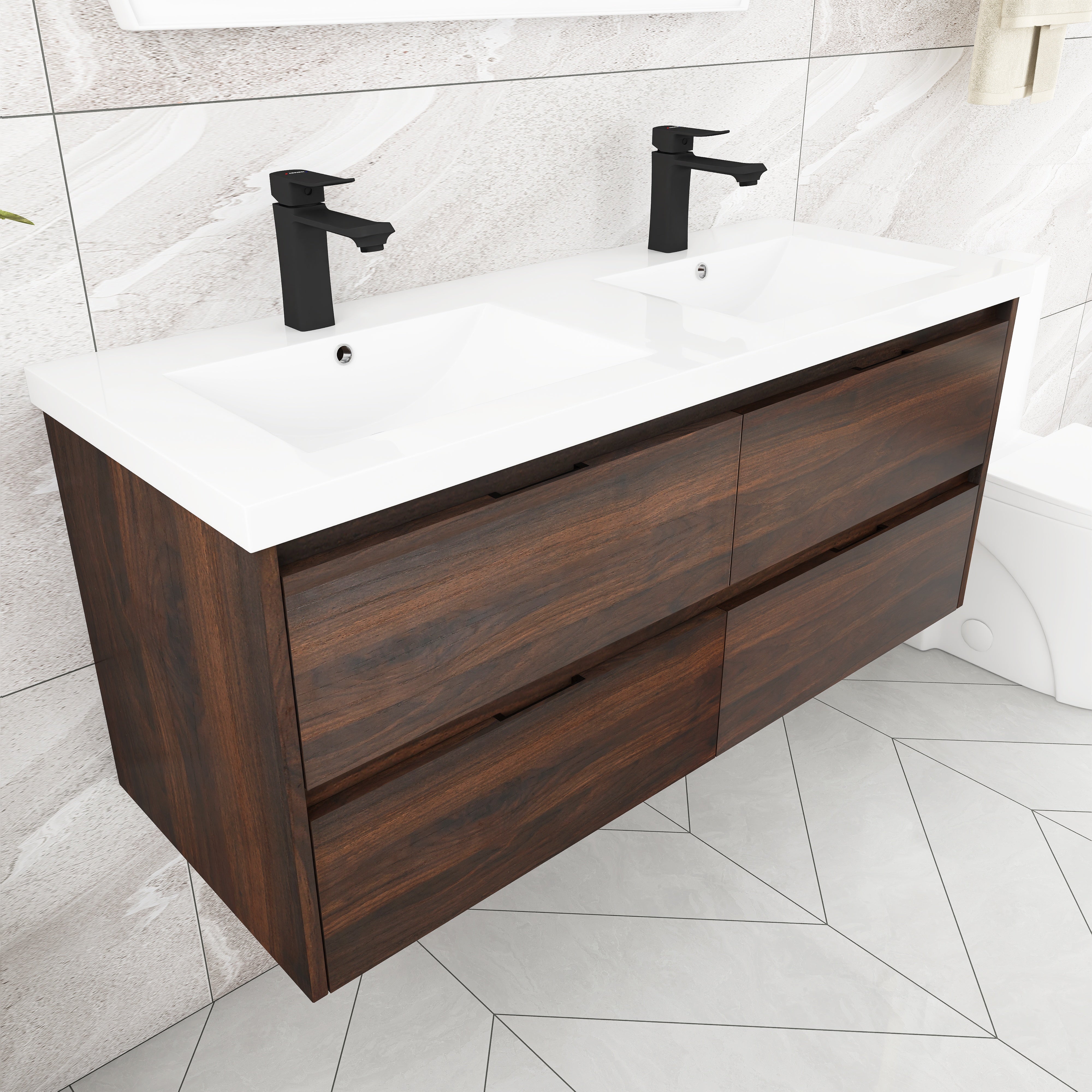 48 Inch Floating Bathroom Vanity With Dual Sink Resin Sink with 4 Soft Close Drawers