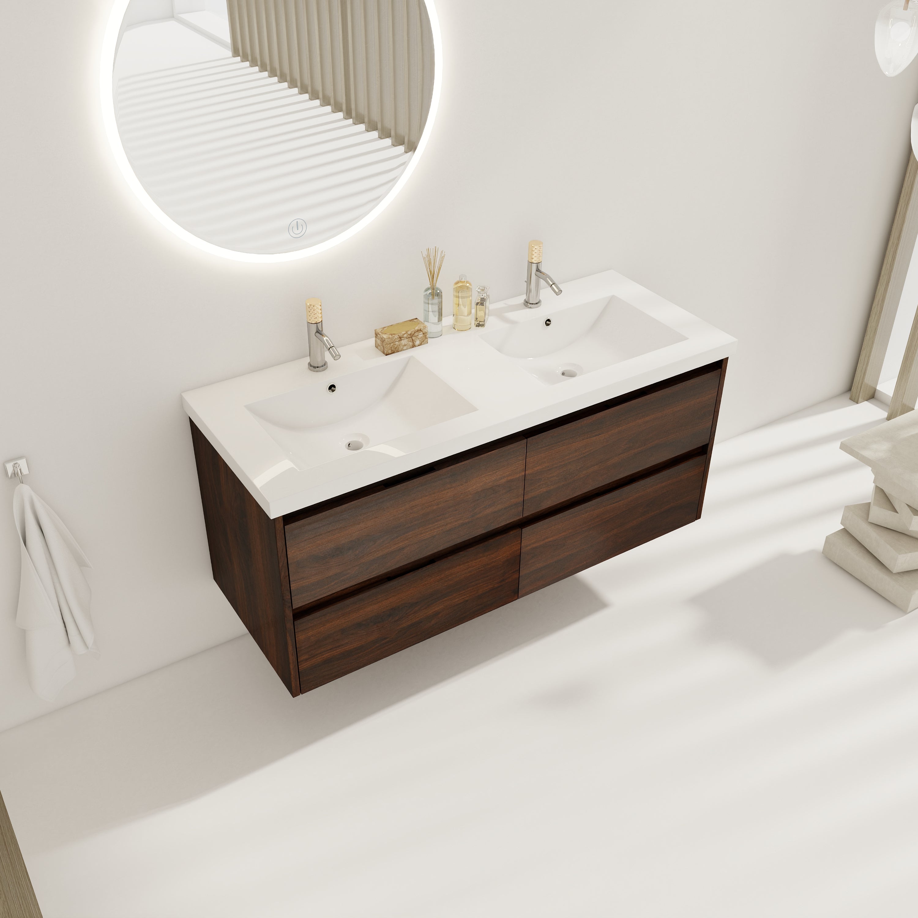 48 Inch Floating Bathroom Vanity With Dual Sink Resin Sink with 4 Soft Close Drawers