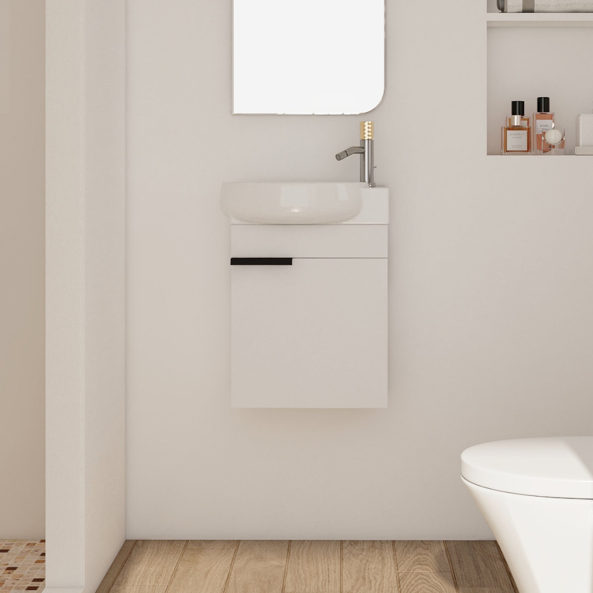 16 Inch For Small Bathroom Compact Wall Mounted Vanity with Ceramic Sink