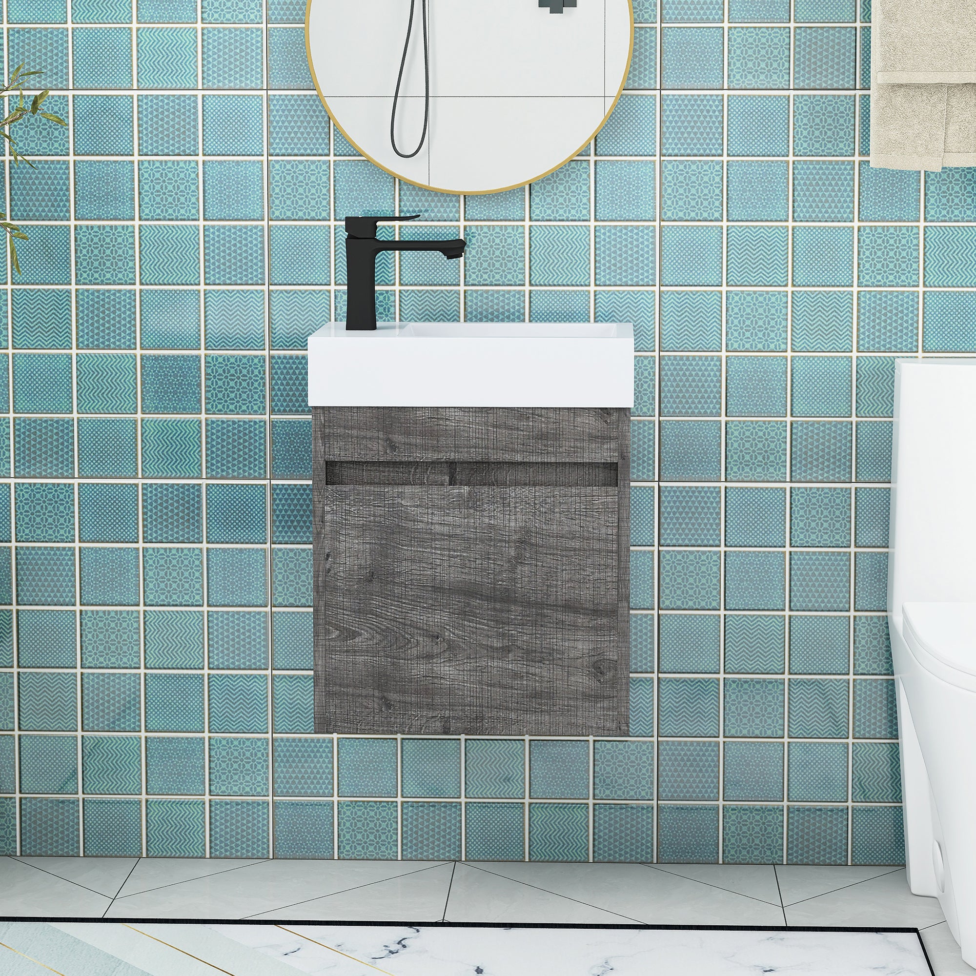 18'' Poly Wall-Mounted Bathroom Vanity with White Resin & Sink Cabinet Door with Integrated Ceramic