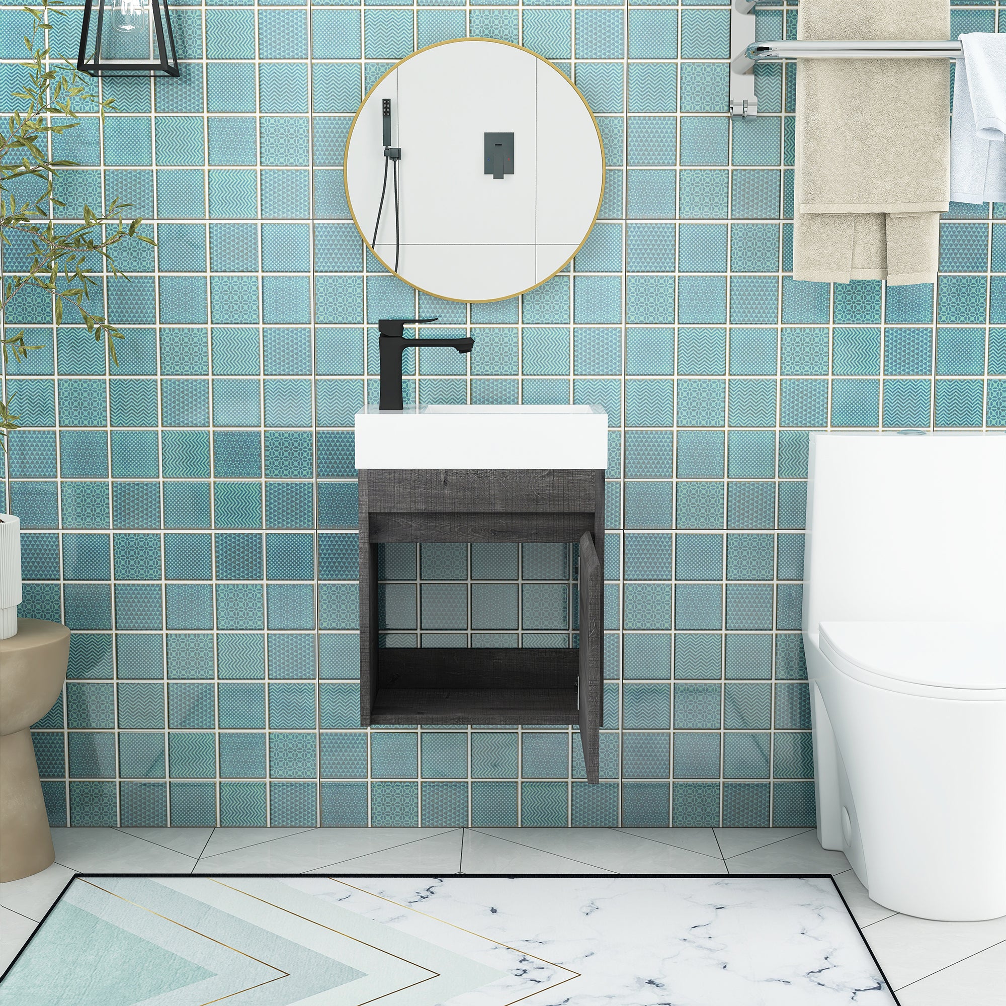 18'' Poly Wall-Mounted Bathroom Vanity with White Resin & Sink Cabinet Door with Integrated Ceramic