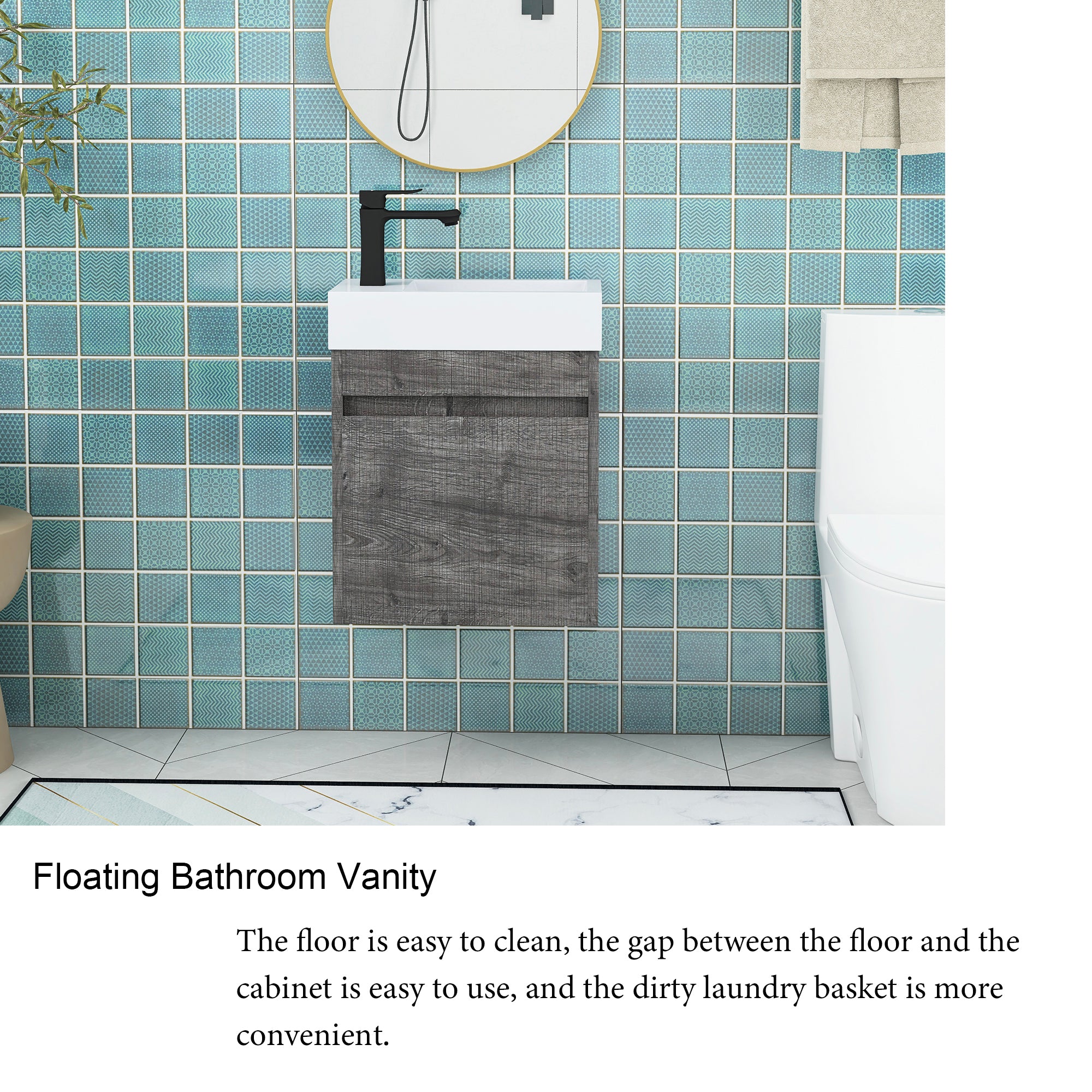 18'' Poly Wall-Mounted Bathroom Vanity with White Resin & Sink Cabinet Door with Integrated Ceramic