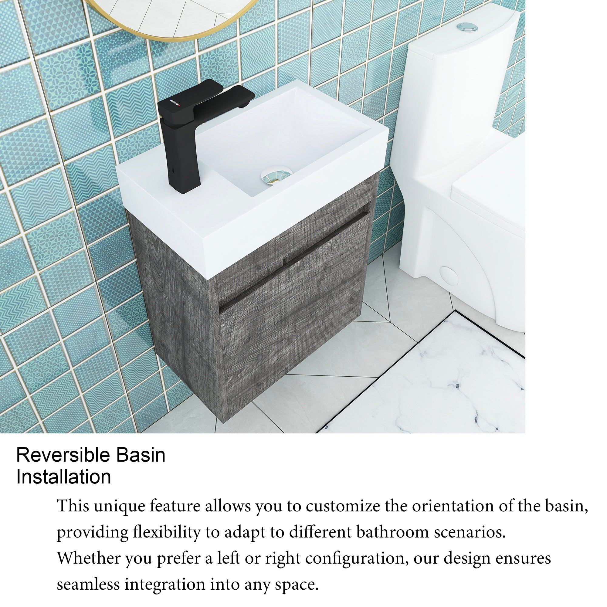 18'' Poly Wall-Mounted Bathroom Vanity with White Resin & Sink Cabinet Door with Integrated Ceramic