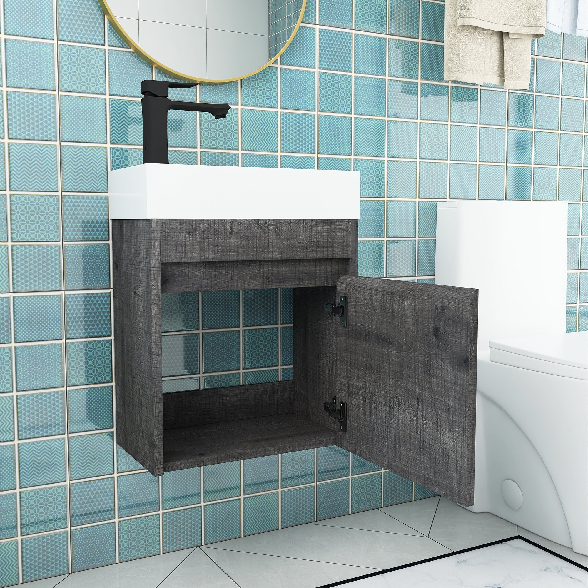 18'' Poly Wall-Mounted Bathroom Vanity with White Resin & Sink Cabinet Door with Integrated Ceramic