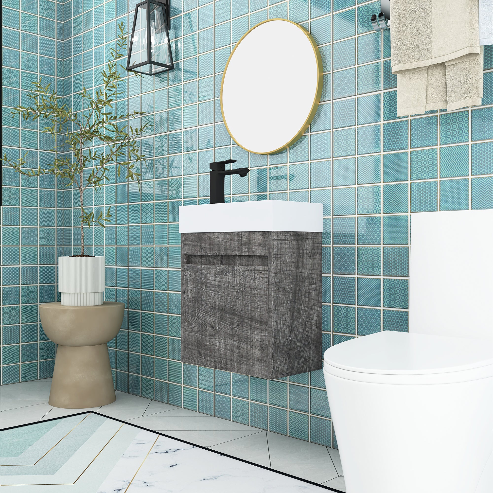 18'' Poly Wall-Mounted Bathroom Vanity with White Resin & Sink Cabinet Door with Integrated Ceramic