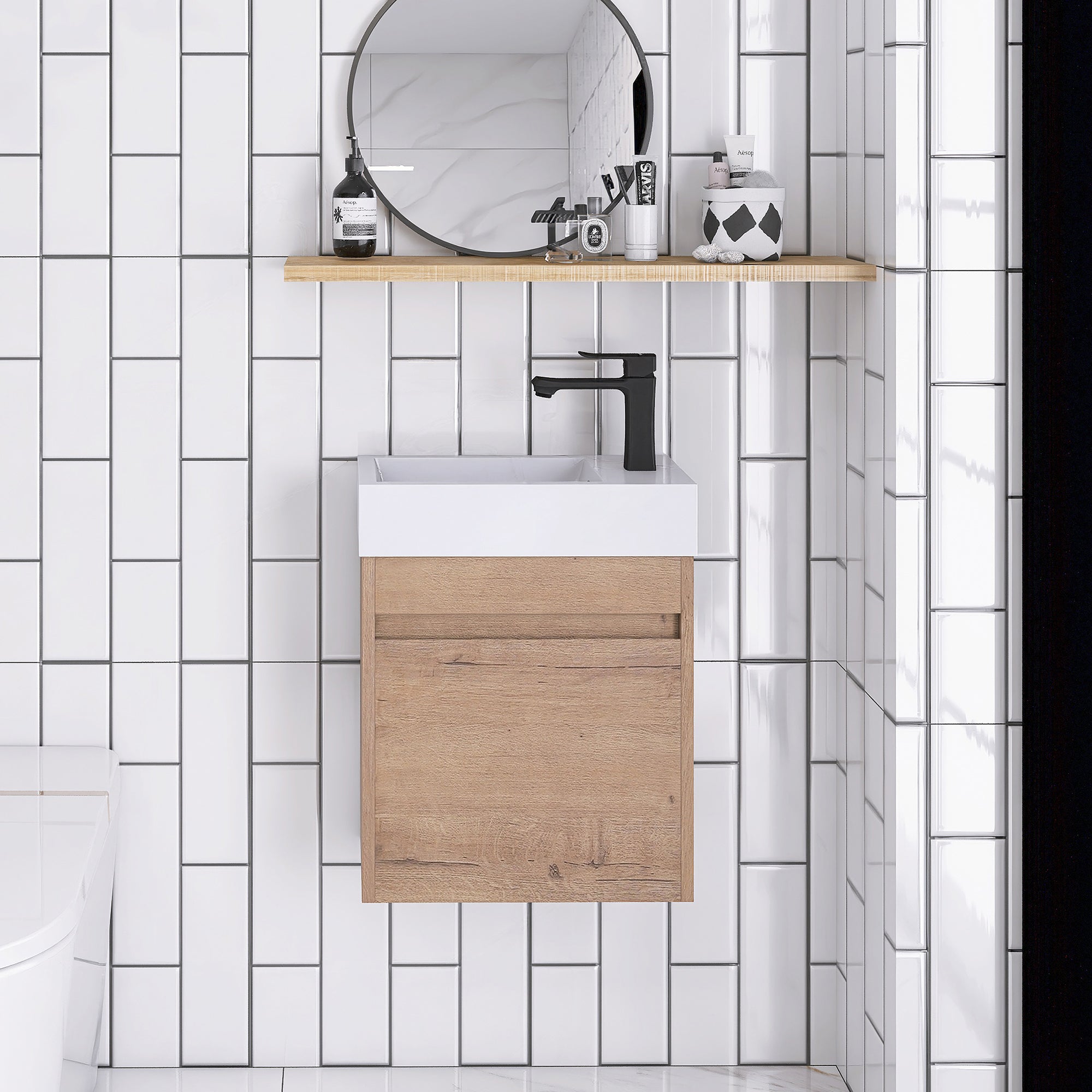 18'' Poly Wall-Mounted Bathroom Vanity with White Resin & Sink Cabinet Door with Integrated Ceramic