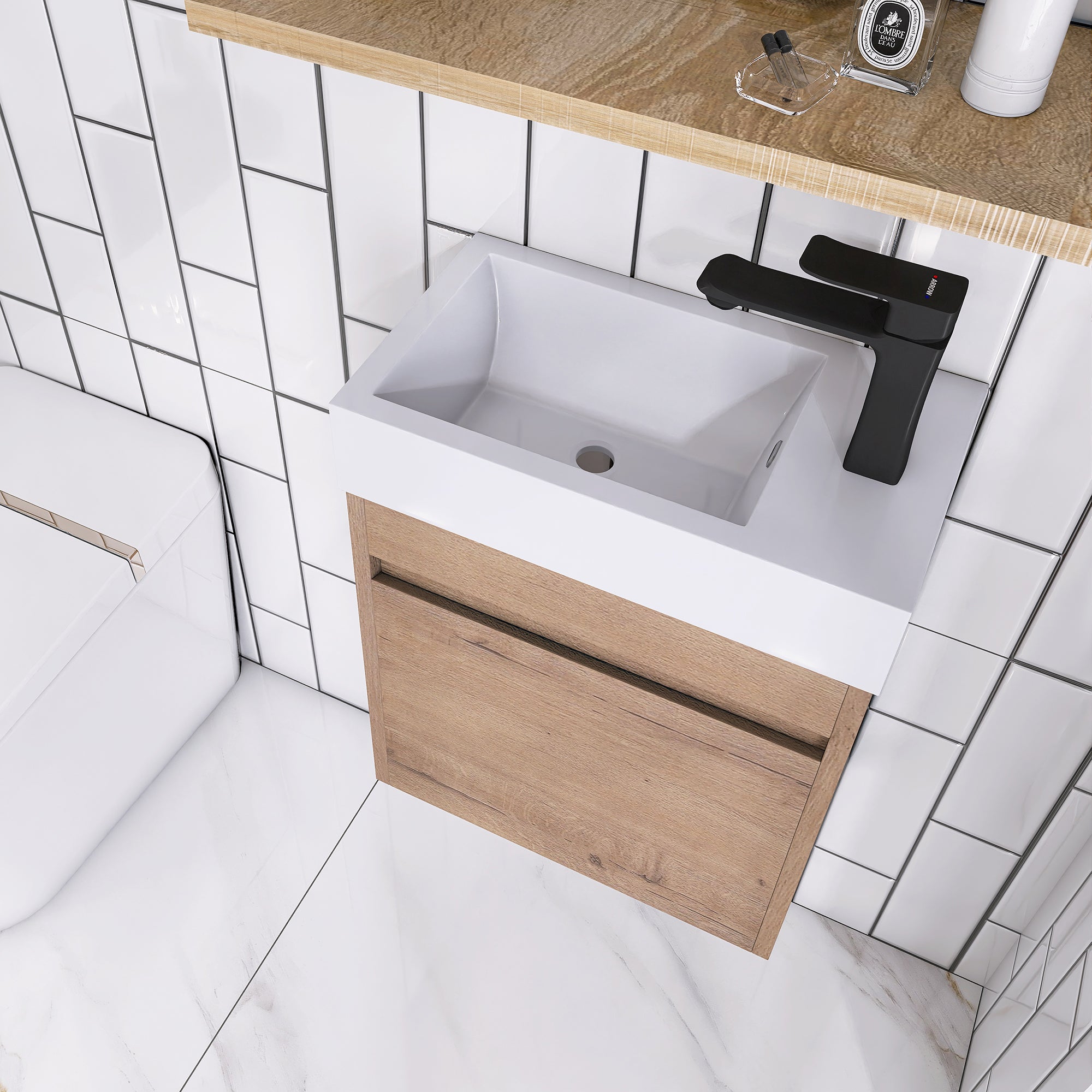 18'' Poly Wall-Mounted Bathroom Vanity with White Resin & Sink Cabinet Door with Integrated Ceramic
