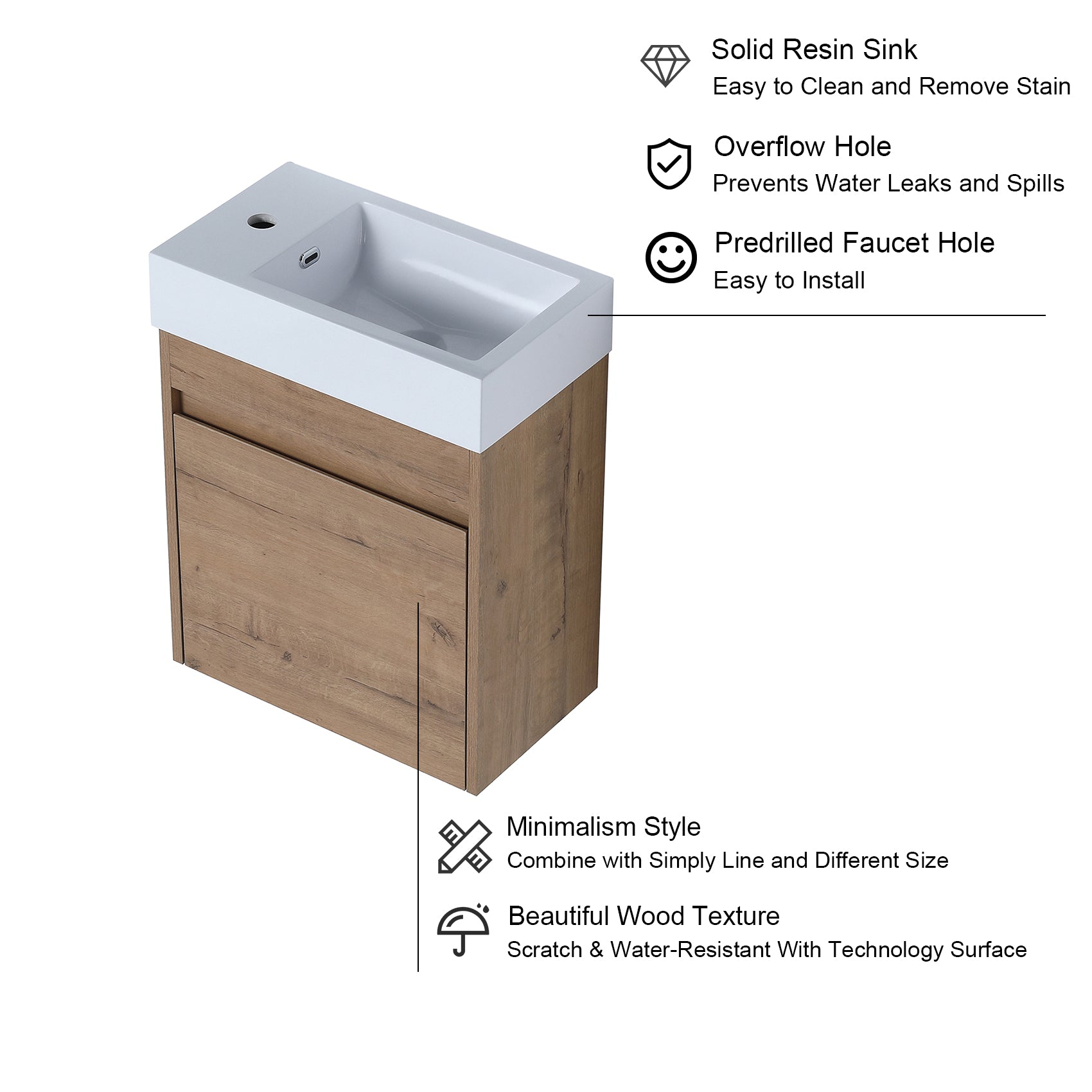 18'' Poly Wall-Mounted Bathroom Vanity with White Resin & Sink Cabinet Door with Integrated Ceramic