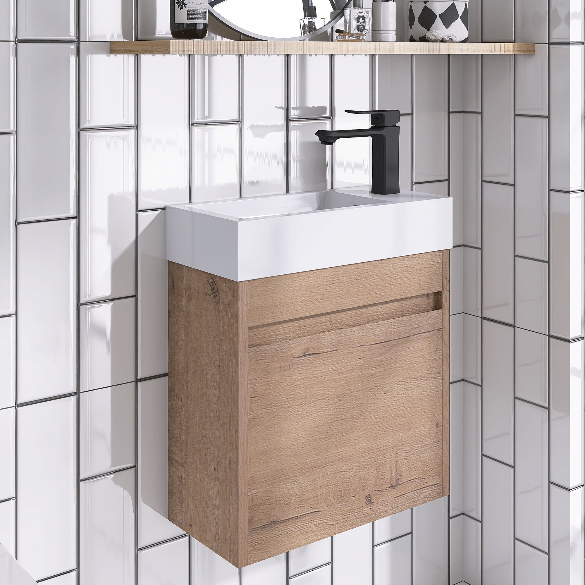 18'' Poly Wall-Mounted Bathroom Vanity with White Resin & Sink Cabinet Door with Integrated Ceramic