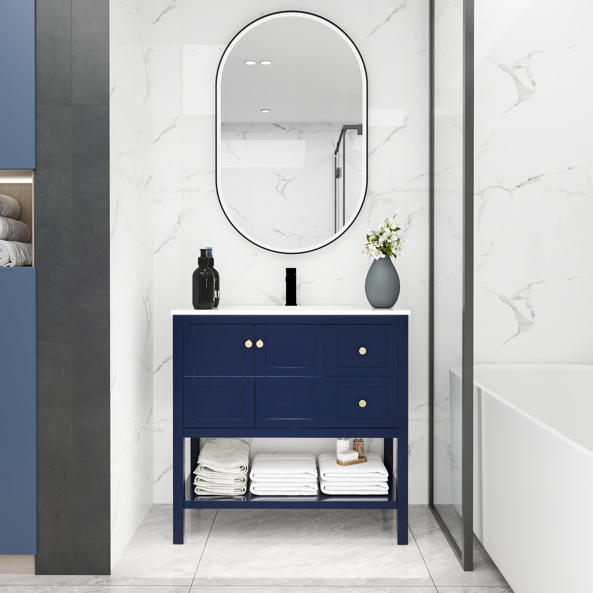 36 inch Plywood Freestanding Bathroom Vanity with Integrated Resin Sink with Drain