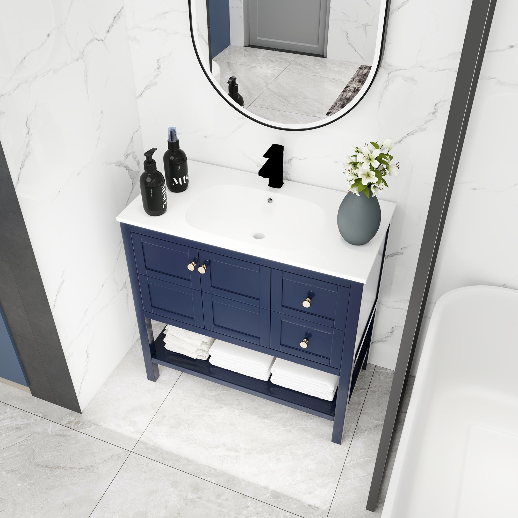 36 inch Plywood Freestanding Bathroom Vanity with Integrated Resin Sink with Drain