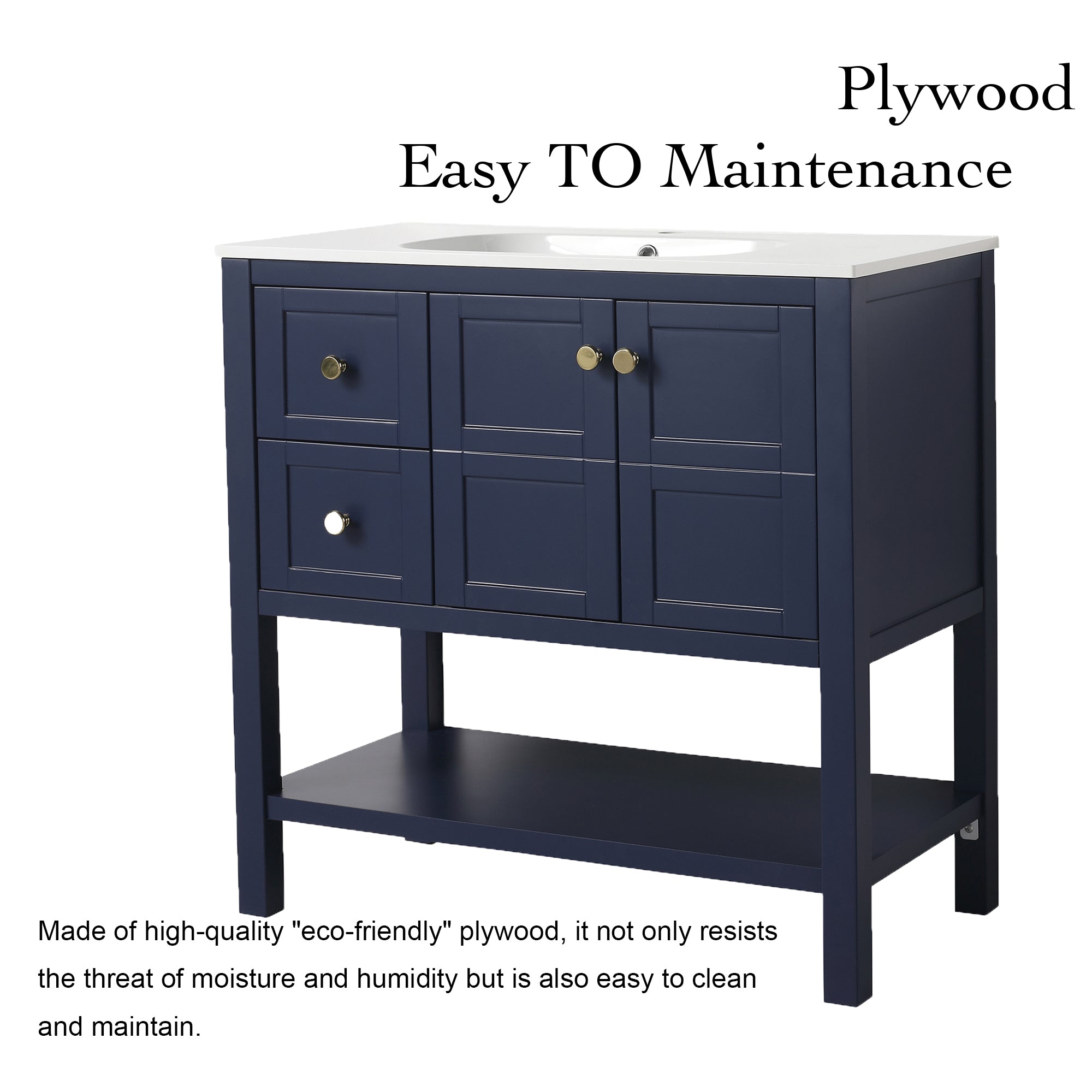 36 inch Plywood Freestanding Bathroom Vanity with Integrated Resin Sink with Drain