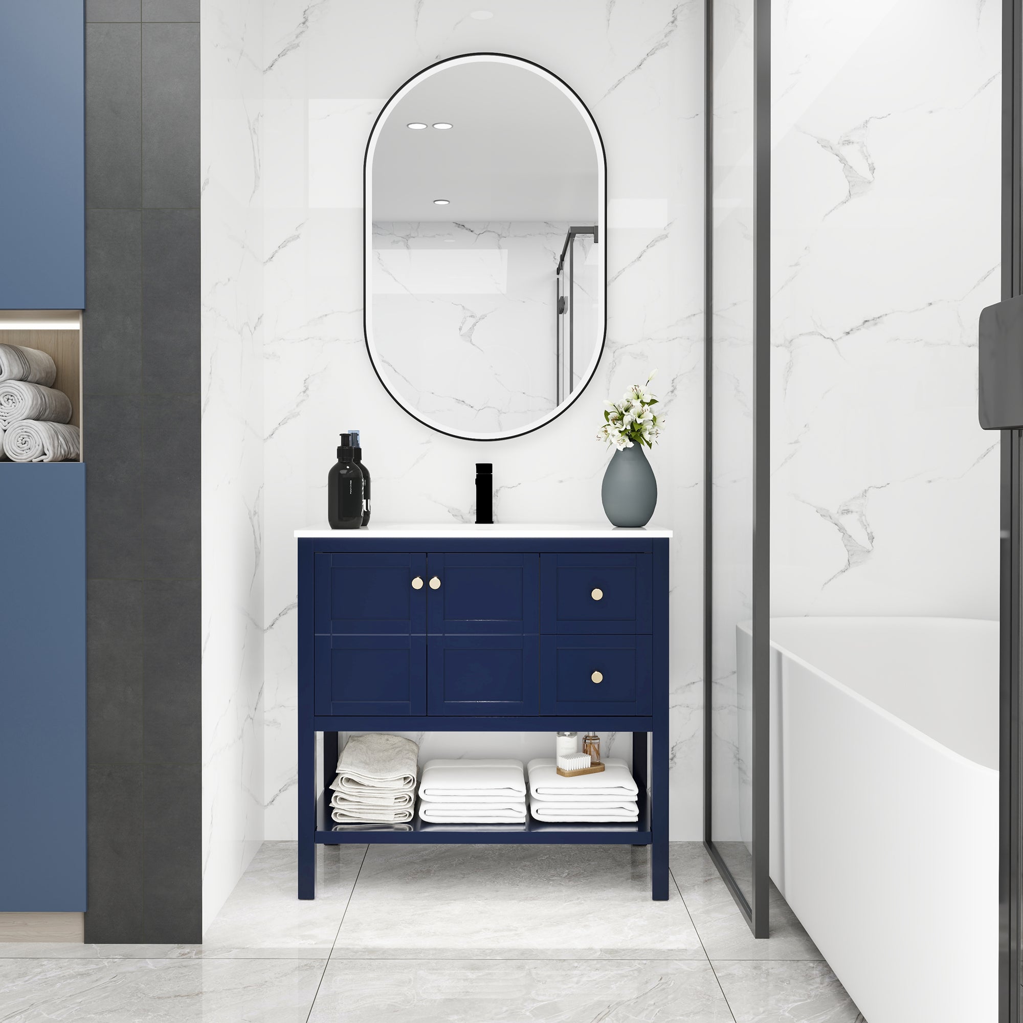 36 inch Plywood Freestanding Bathroom Vanity with Integrated Resin Sink with Drain