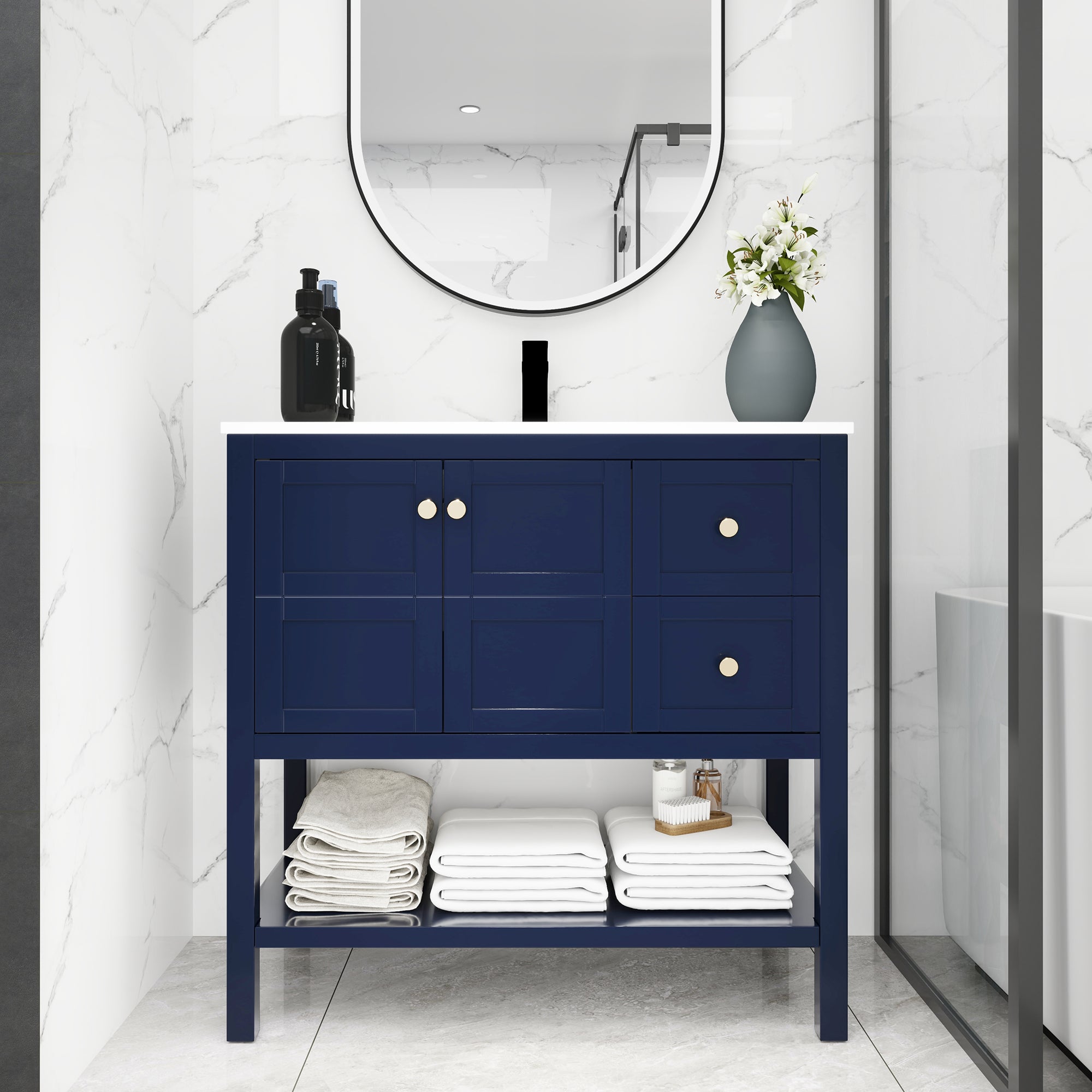 36 inch Plywood Freestanding Bathroom Vanity with Integrated Resin Sink with Drain