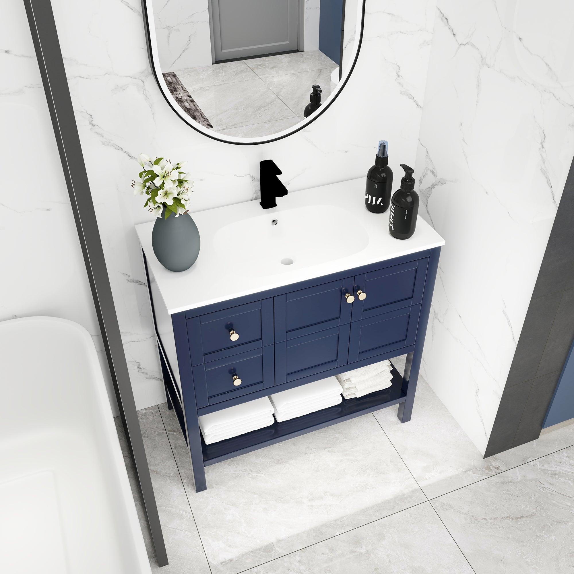 36 inch Plywood Freestanding Bathroom Vanity with Integrated Resin Sink with Drain