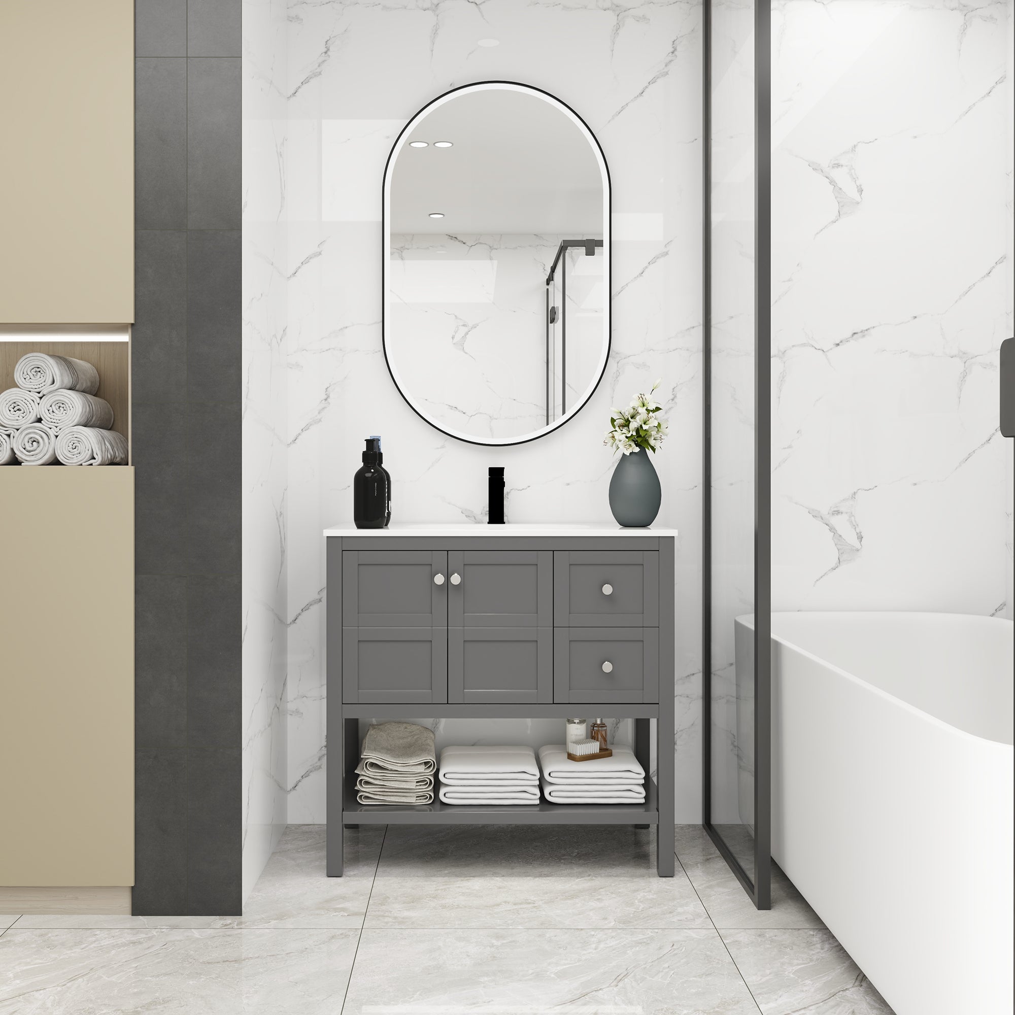 36 inch Plywood Freestanding Bathroom Vanity with Integrated Resin Sink with Drain