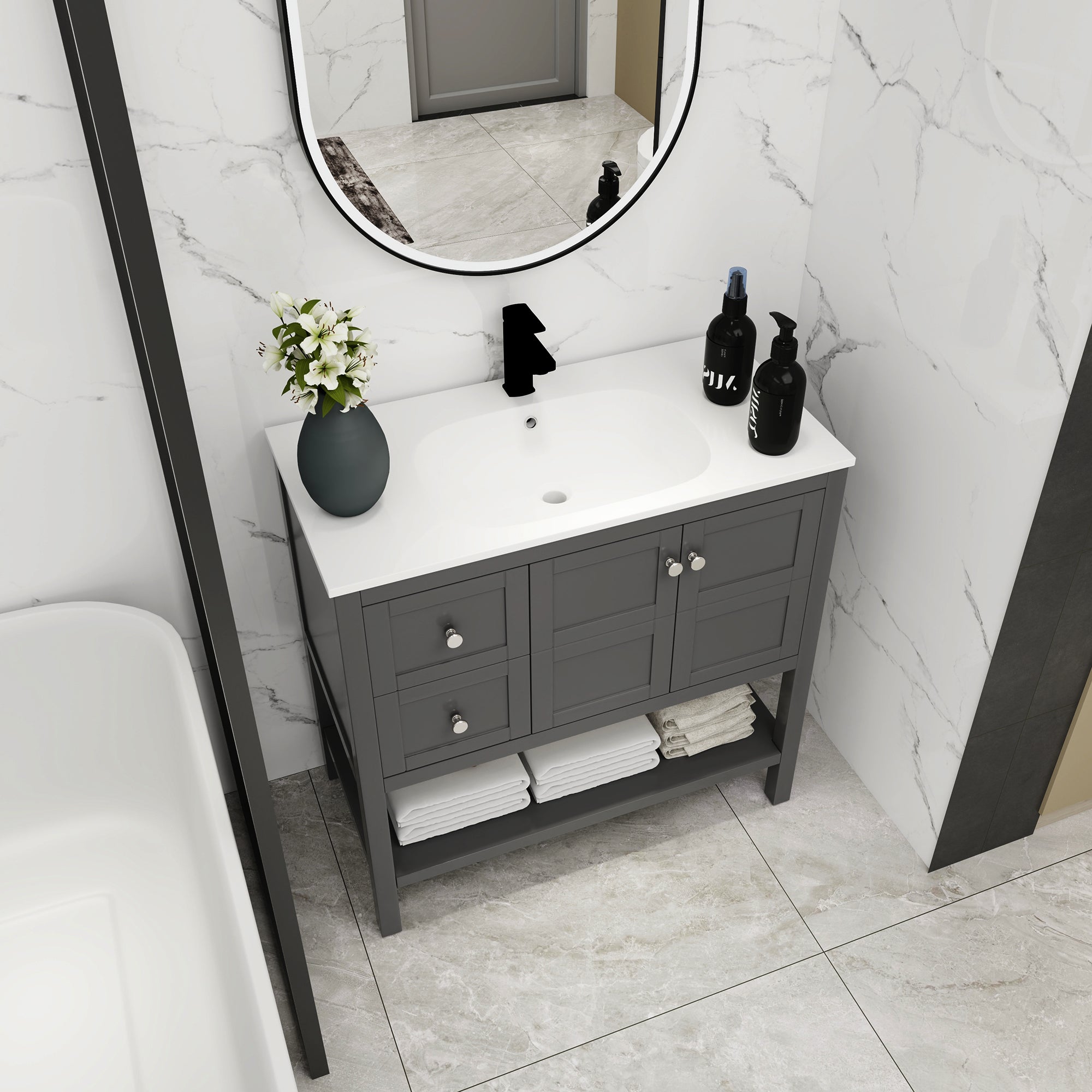36 inch Plywood Freestanding Bathroom Vanity with Integrated Resin Sink with Drain