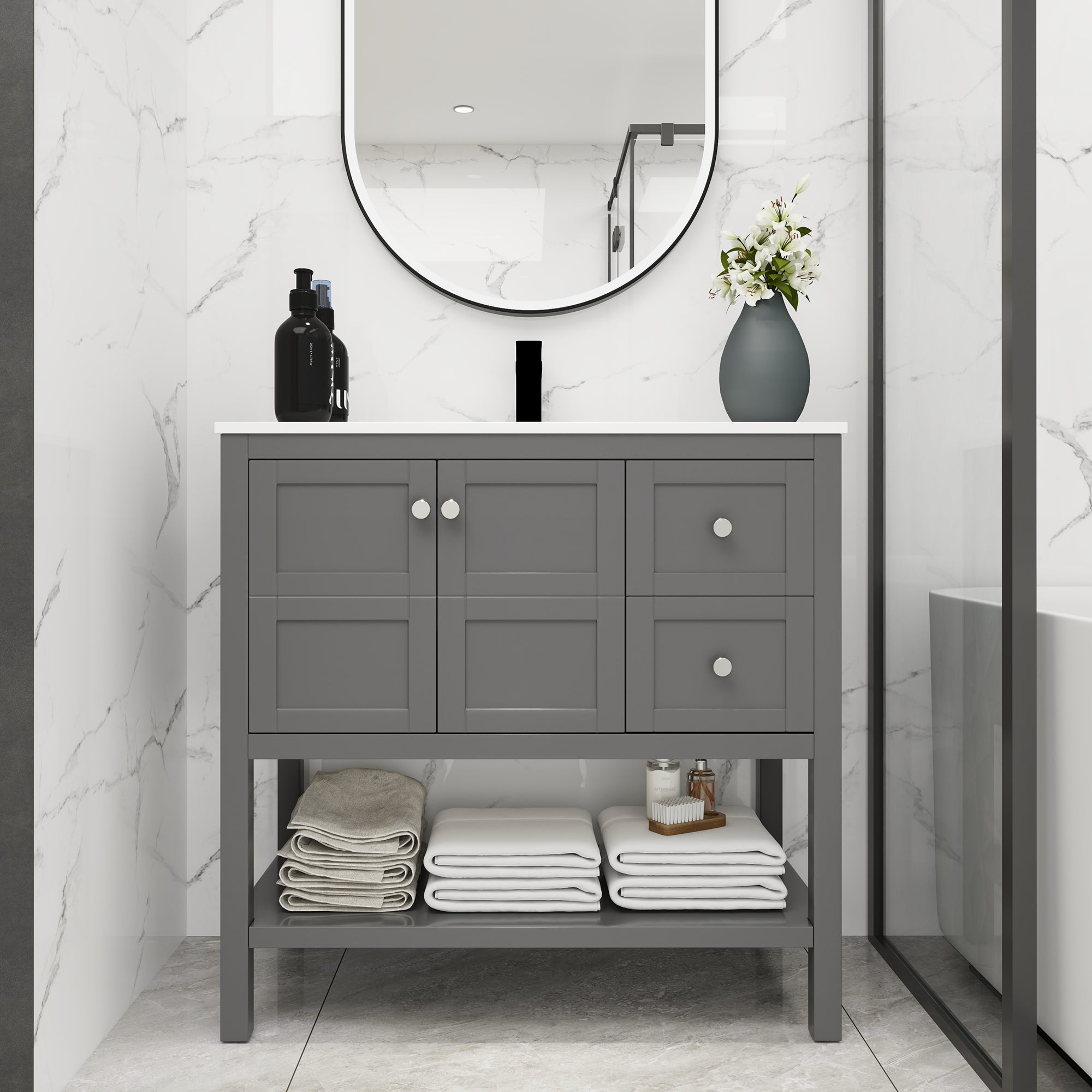 36 inch Plywood Freestanding Bathroom Vanity with Integrated Resin Sink with Drain