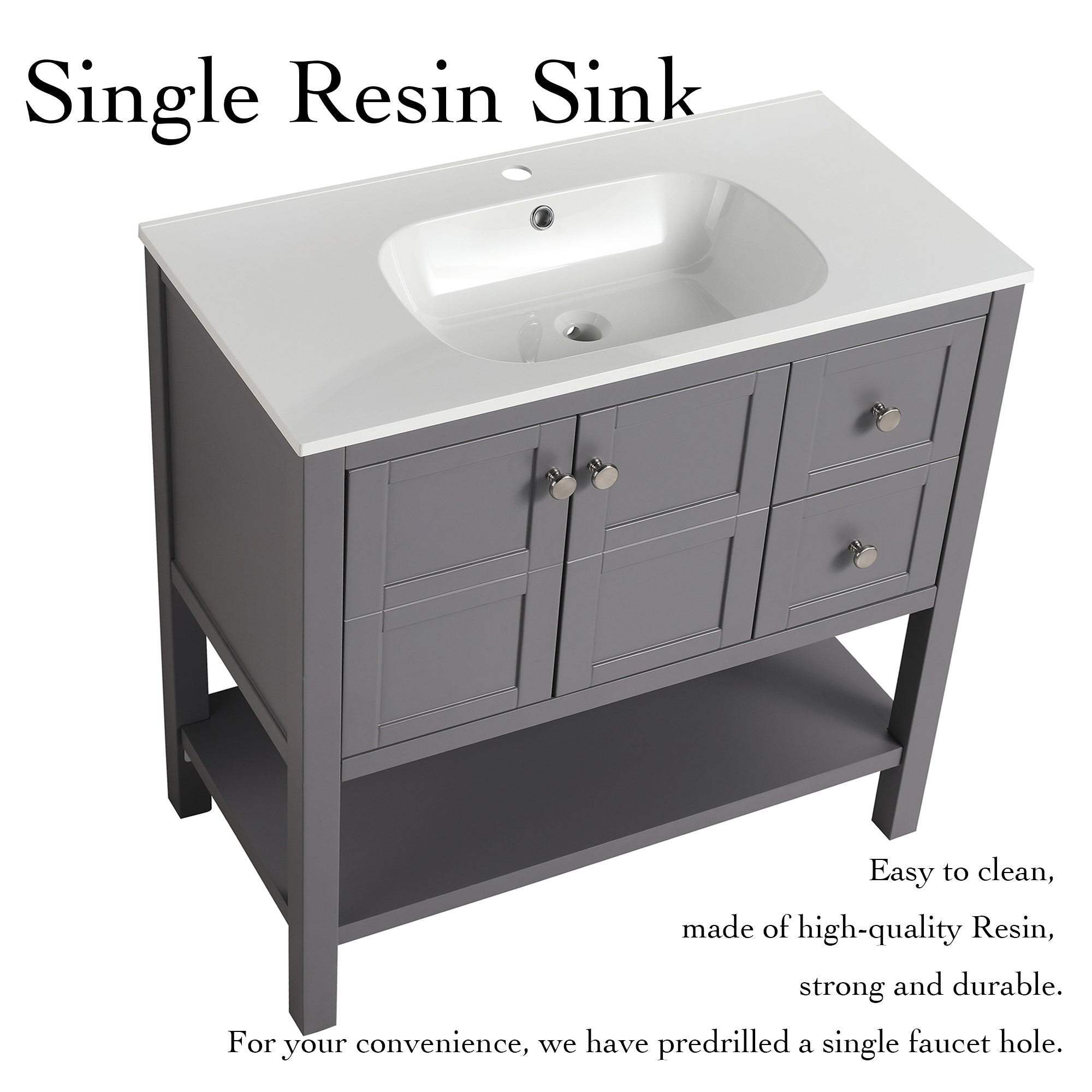 36 inch Plywood Freestanding Bathroom Vanity with Integrated Resin Sink with Drain