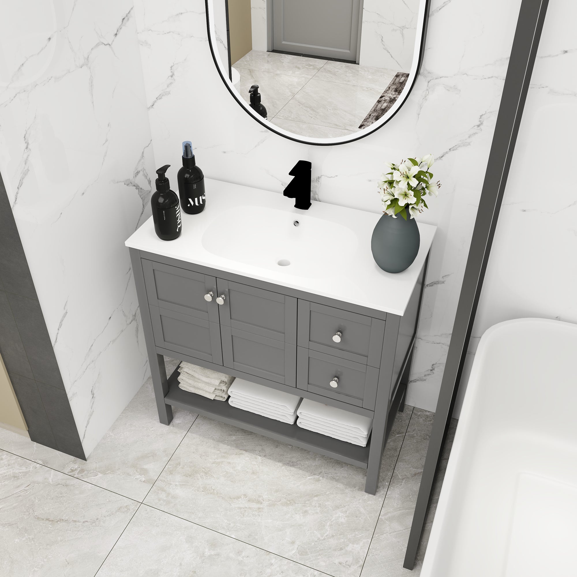 36 inch Plywood Freestanding Bathroom Vanity with Integrated Resin Sink with Drain