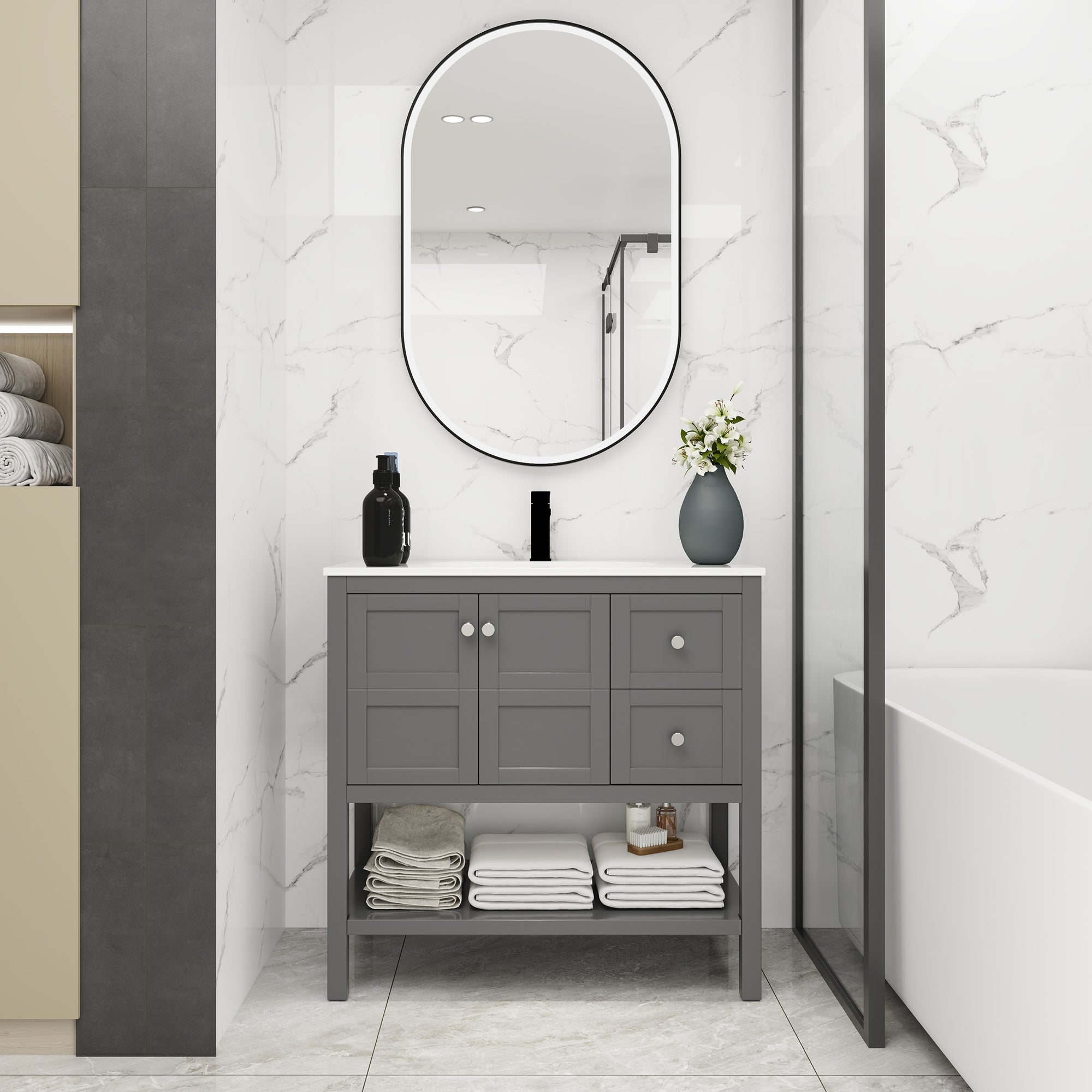36 inch Plywood Freestanding Bathroom Vanity with Integrated Resin Sink with Drain