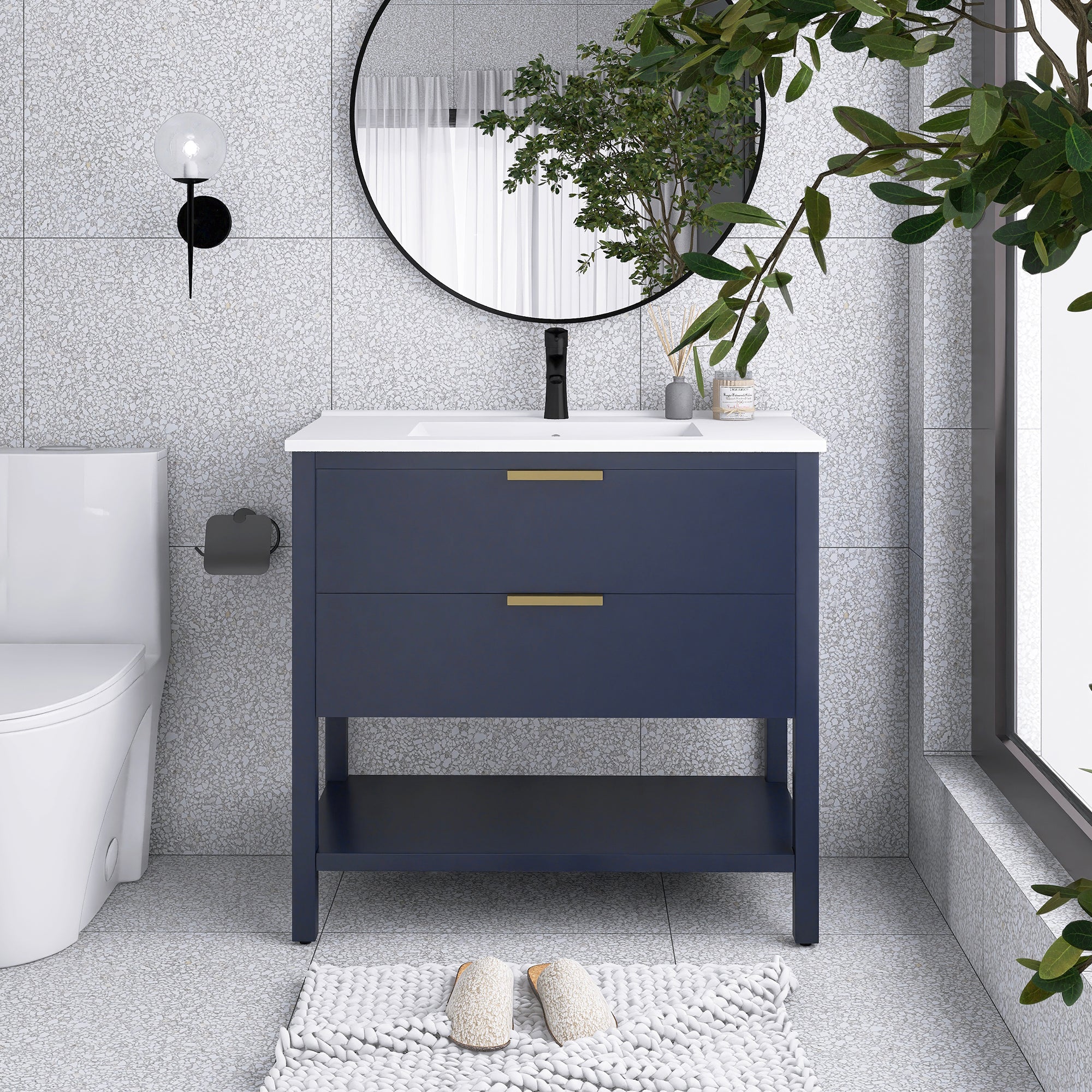 36 Inch Freestanding Bathroom Vanity Plywood With 2 Drawers with Shelves with Polymarble Sink