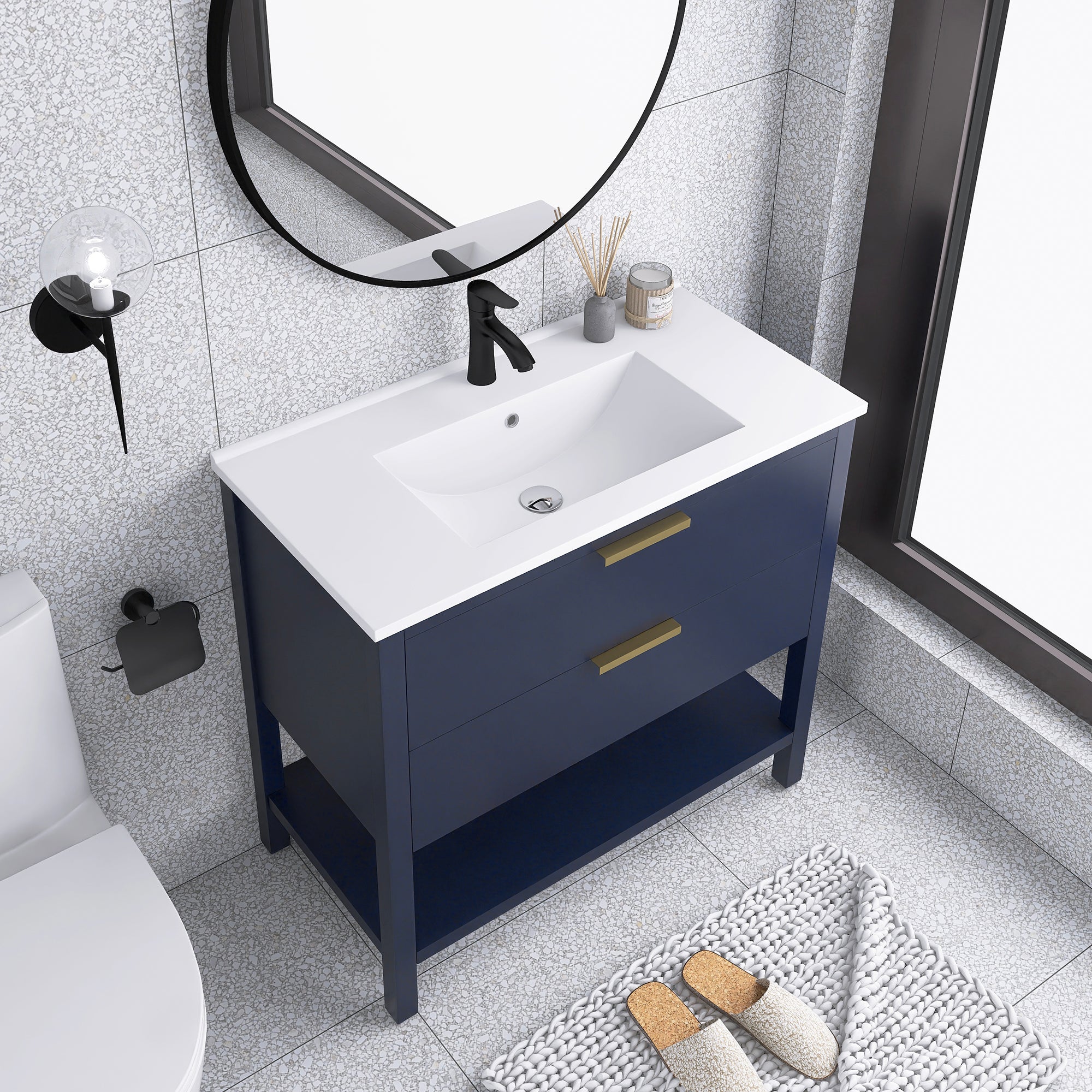 36 Inch Freestanding Bathroom Vanity Plywood With 2 Drawers with Shelves with Polymarble Sink