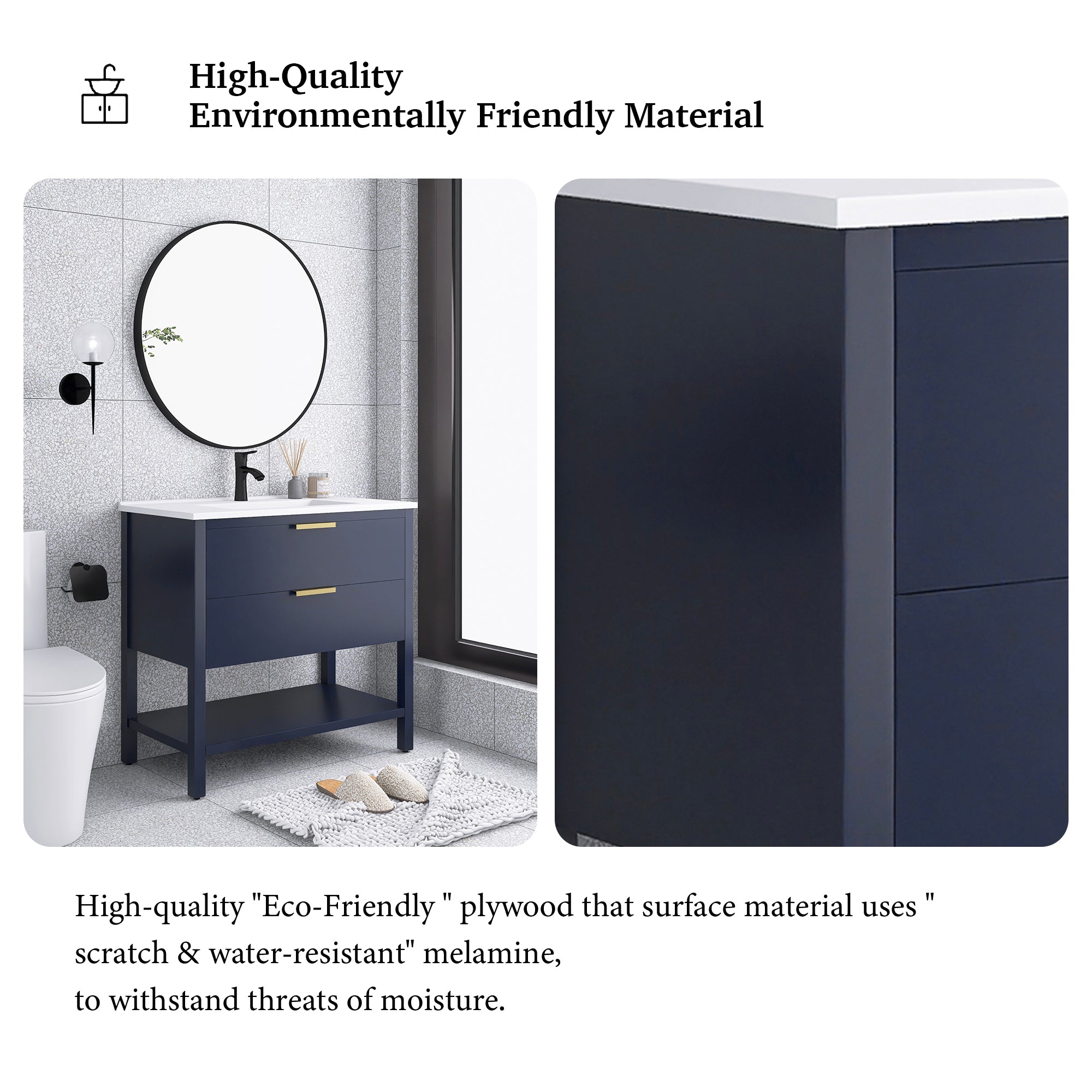 36 Inch Freestanding Bathroom Vanity Plywood With 2 Drawers with Shelves with Polymarble Sink
