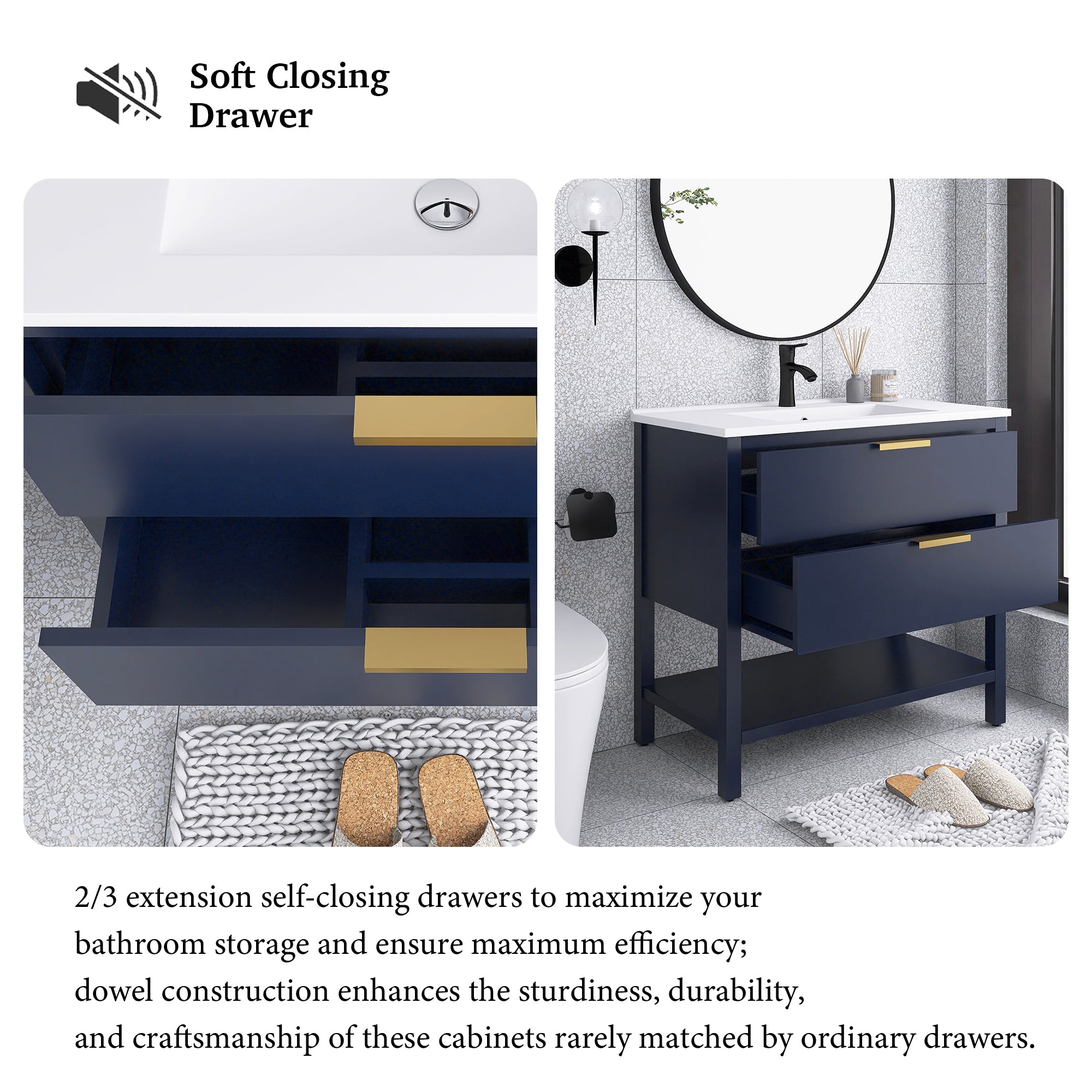 36 Inch Freestanding Bathroom Vanity Plywood With 2 Drawers with Shelves with Polymarble Sink