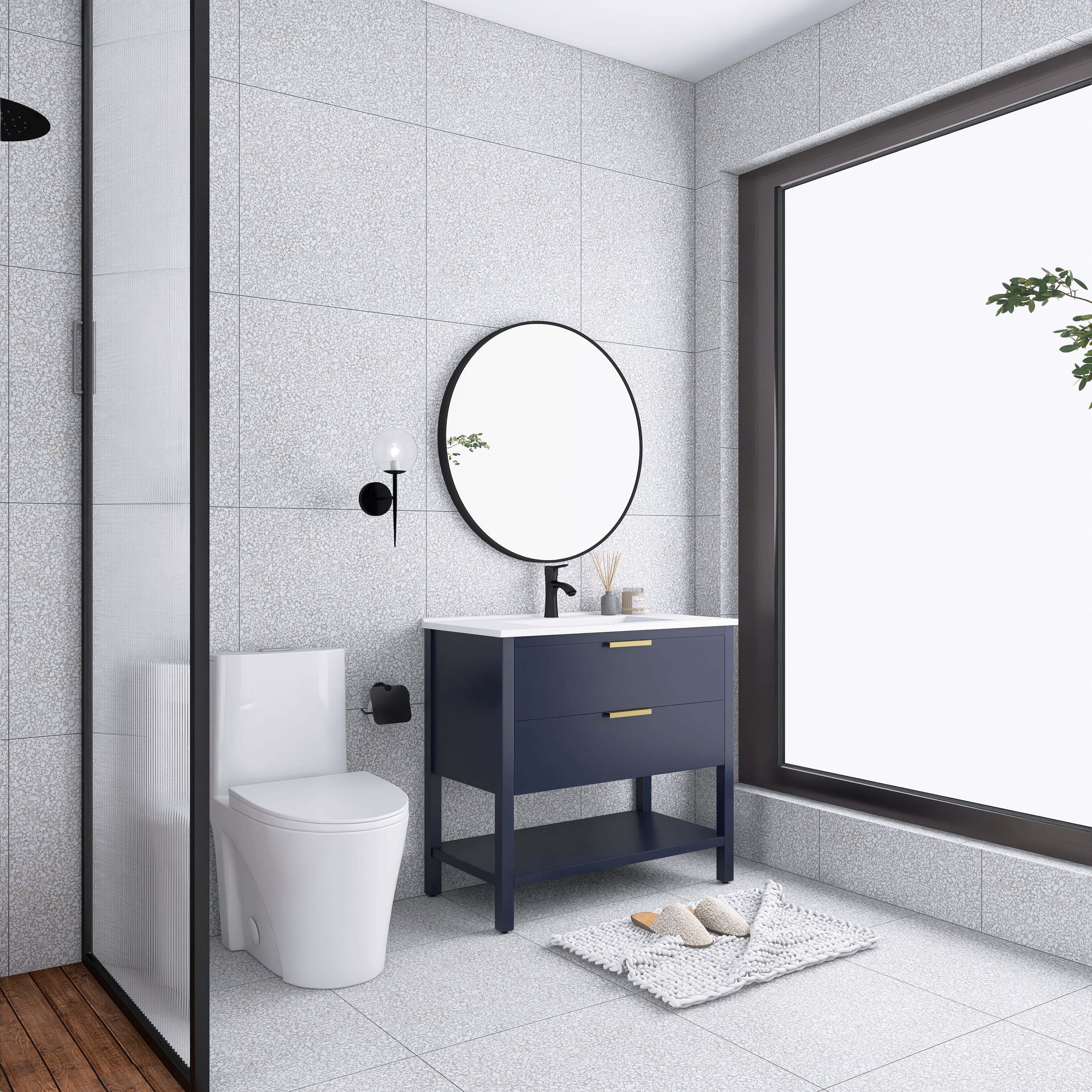 36 Inch Freestanding Bathroom Vanity Plywood With 2 Drawers with Shelves with Polymarble Sink
