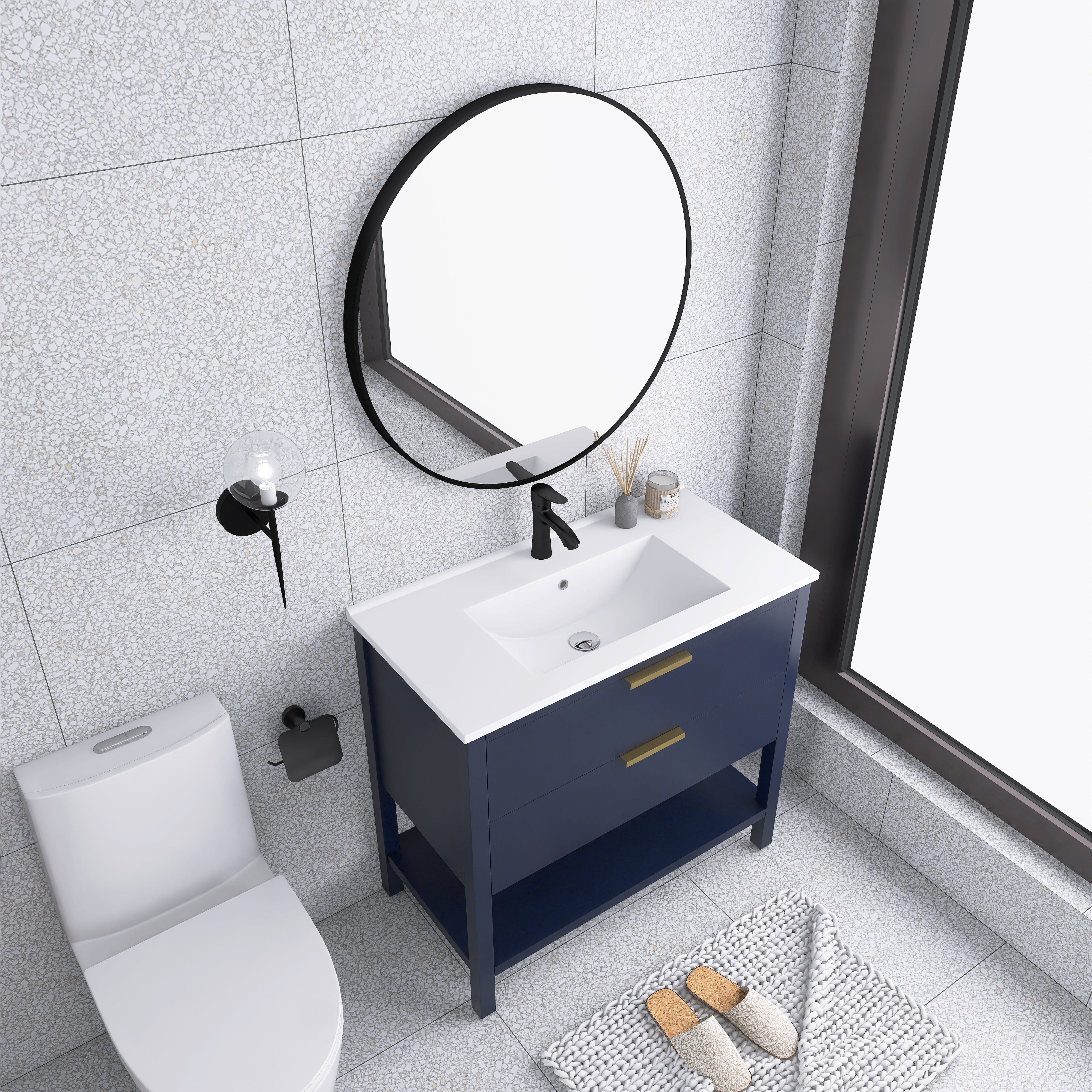 36 Inch Freestanding Bathroom Vanity Plywood With 2 Drawers with Shelves with Polymarble Sink