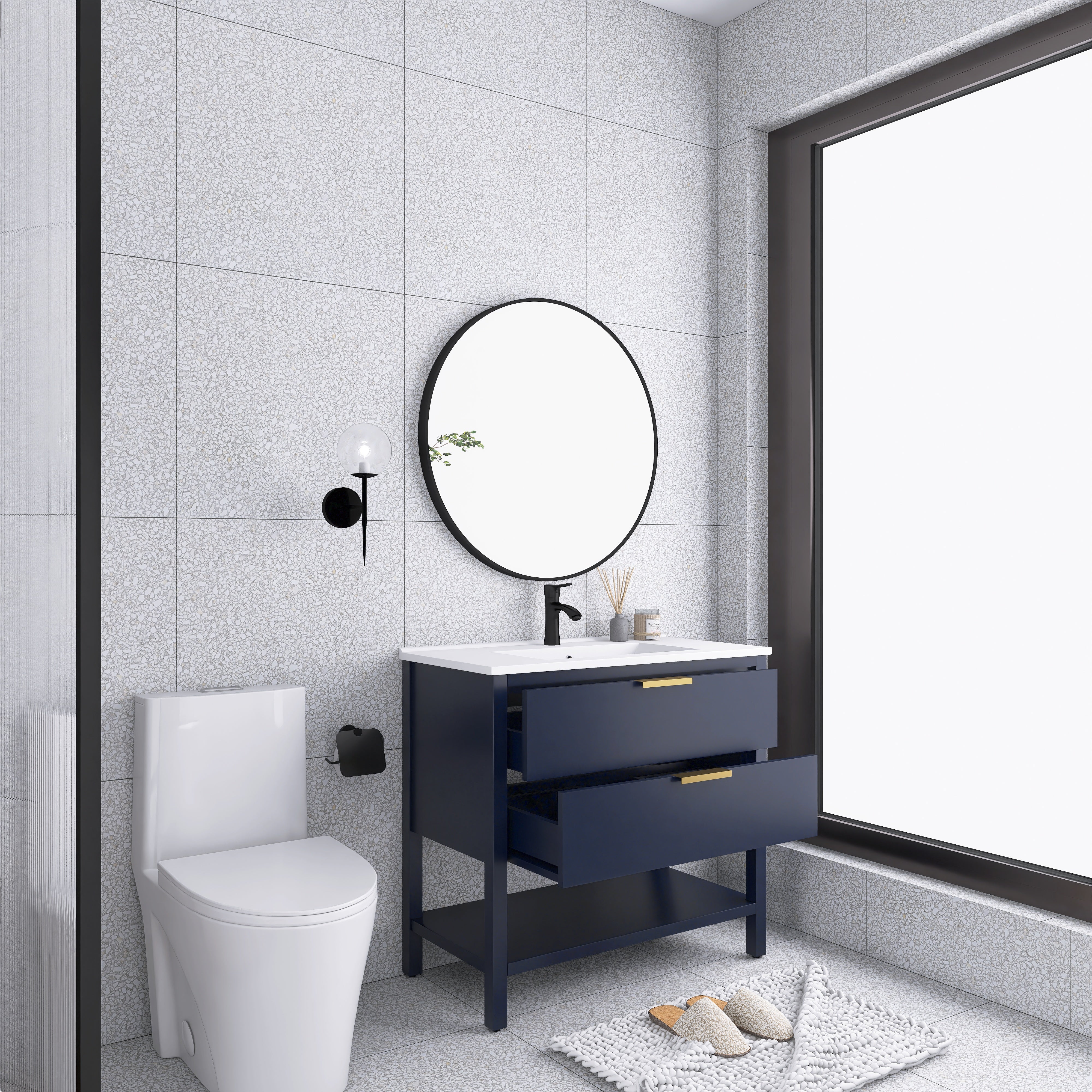 36 Inch Freestanding Bathroom Vanity Plywood With 2 Drawers with Shelves with Polymarble Sink