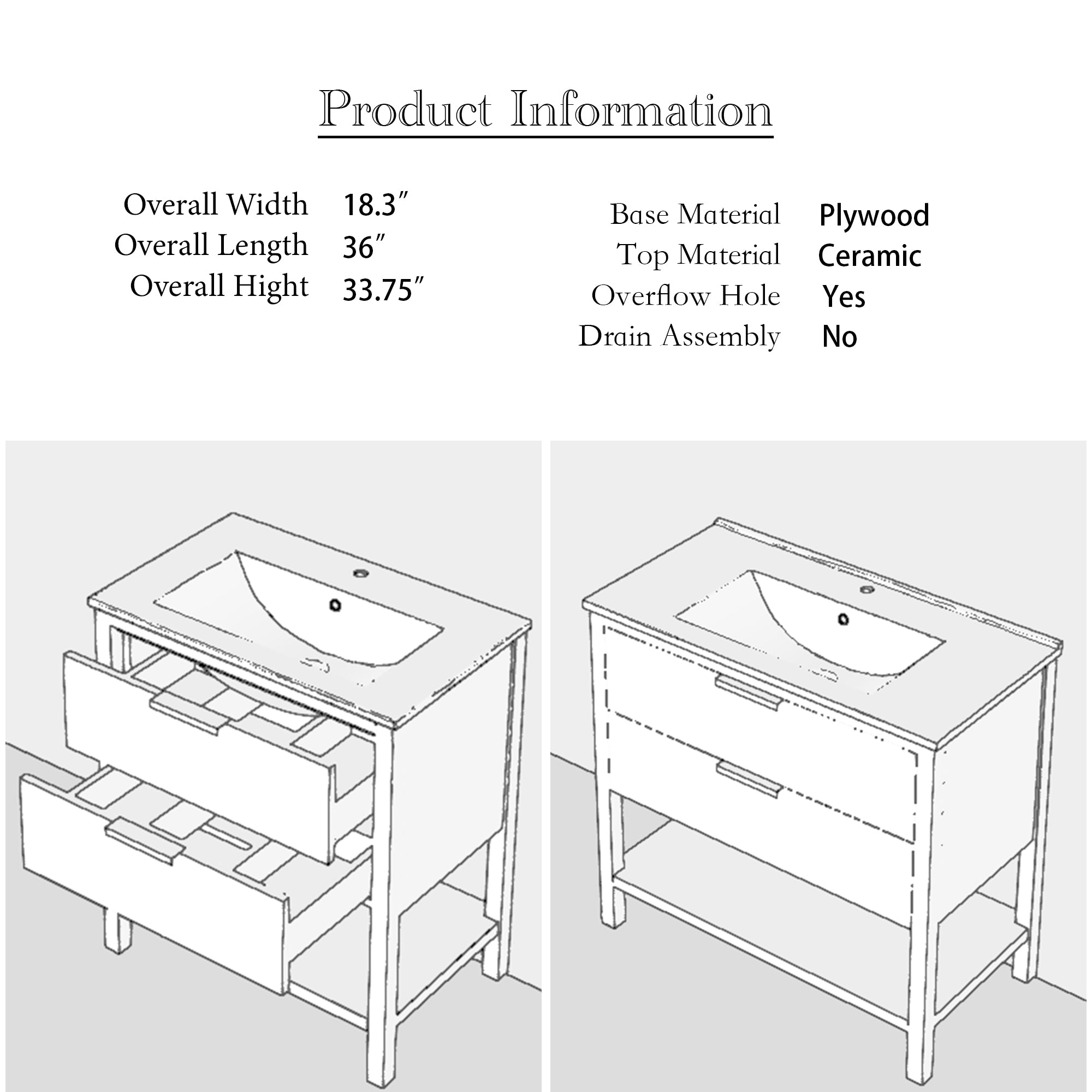 36 Inch Freestanding Bathroom Vanity Plywood With 2 Drawers with Shelves with Polymarble Sink
