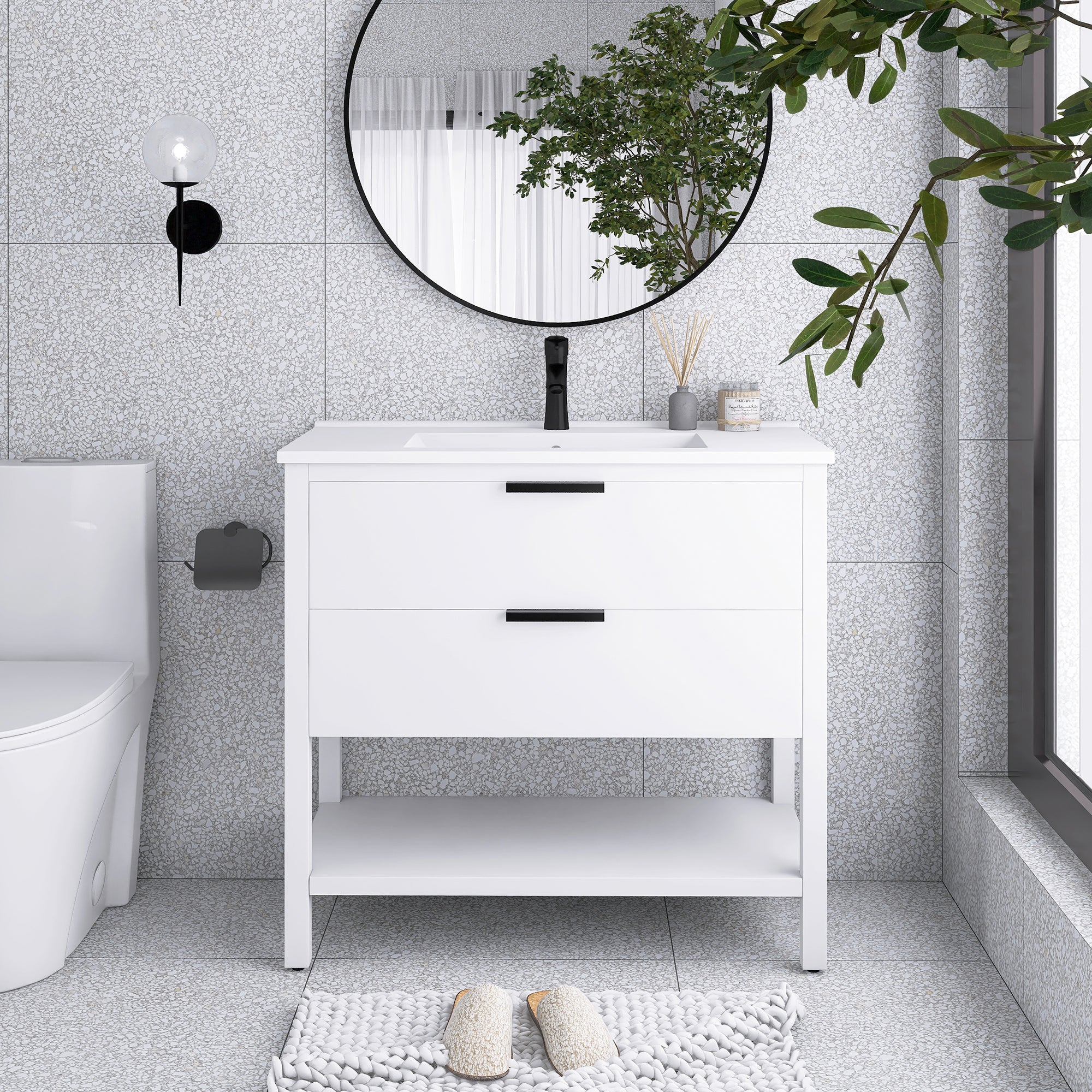 36 Inch Freestanding Bathroom Vanity Plywood With 2 Drawers with Shelves with Polymarble Sink
