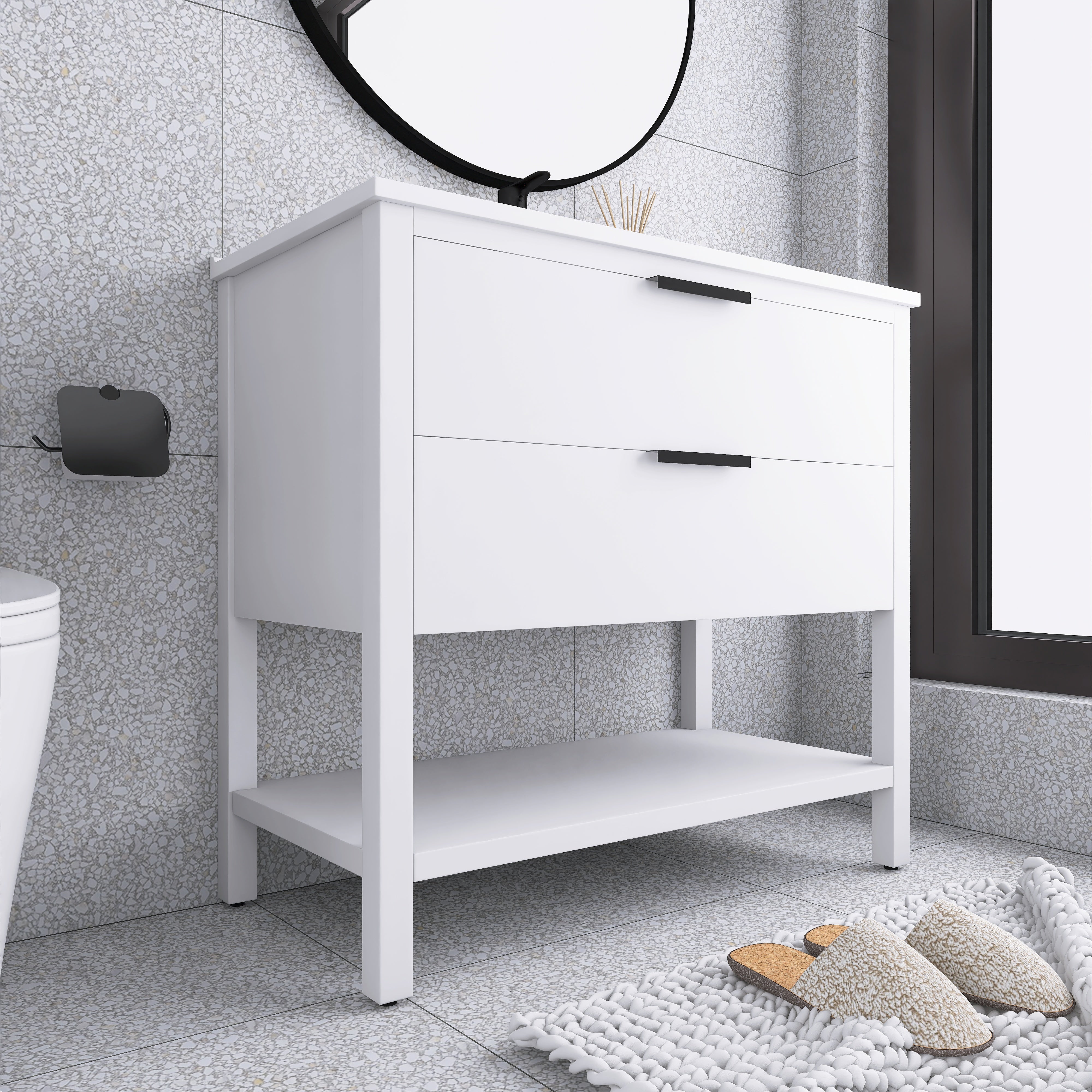 36 Inch Freestanding Bathroom Vanity Plywood With 2 Drawers with Shelves with Polymarble Sink