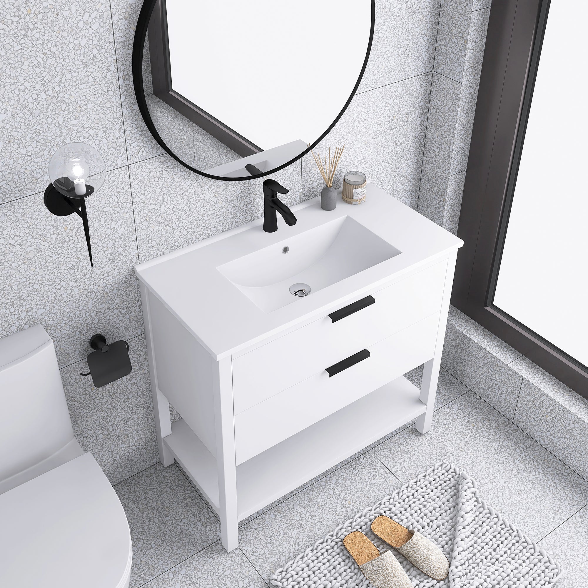36 Inch Freestanding Bathroom Vanity Plywood With 2 Drawers with Shelves with Polymarble Sink