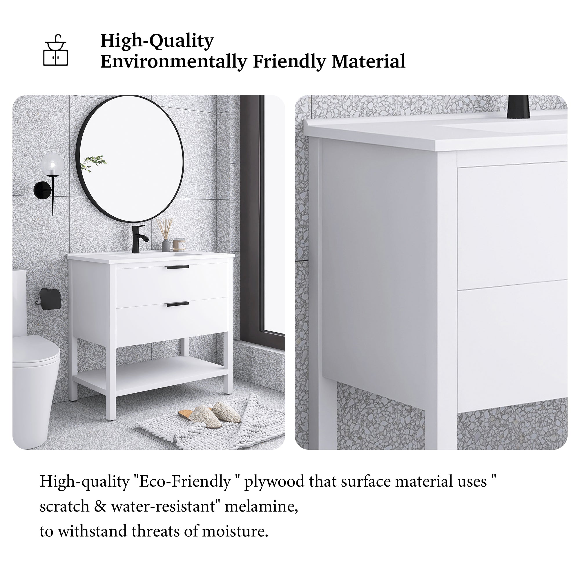 36 Inch Freestanding Bathroom Vanity Plywood With 2 Drawers with Shelves with Polymarble Sink
