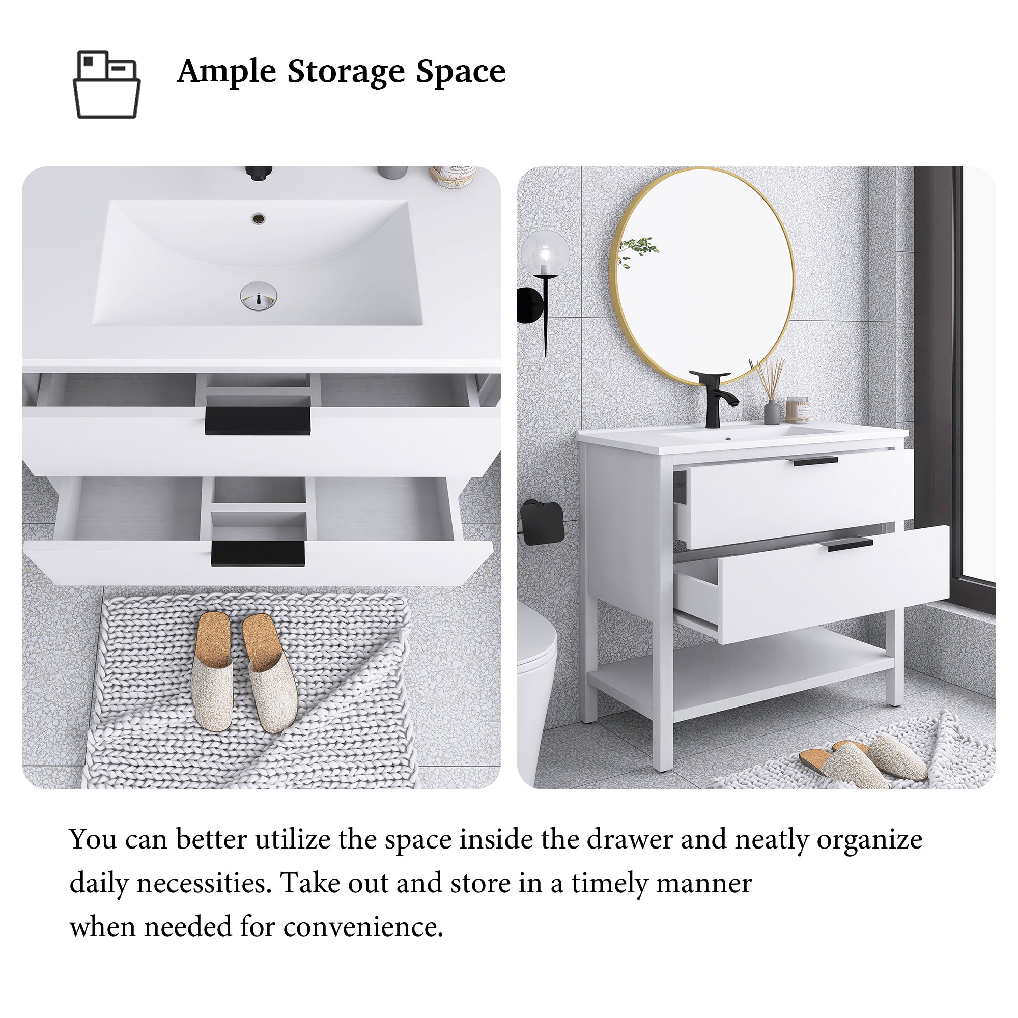 36 Inch Freestanding Bathroom Vanity Plywood With 2 Drawers with Shelves with Polymarble Sink