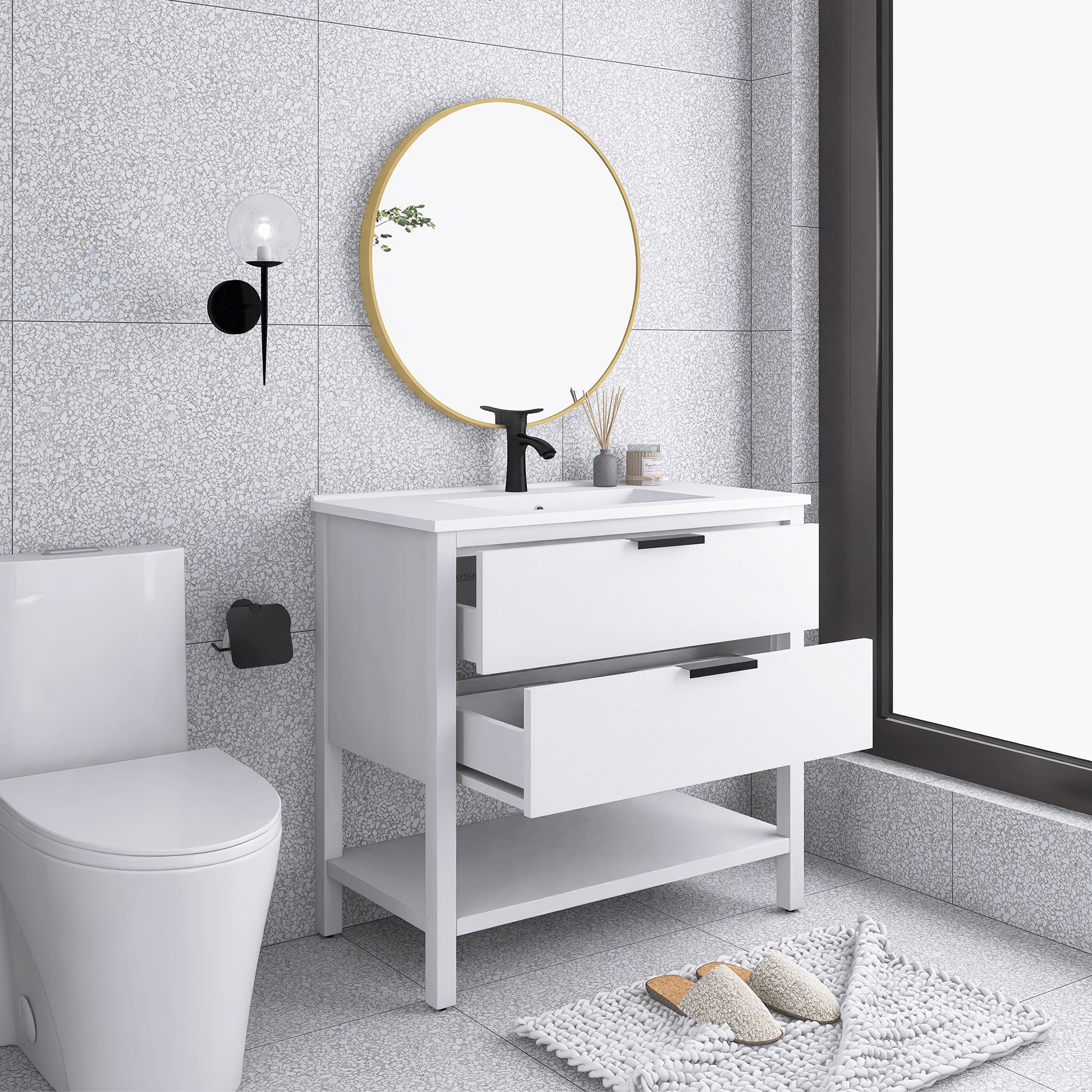 36 Inch Freestanding Bathroom Vanity Plywood With 2 Drawers with Shelves with Polymarble Sink