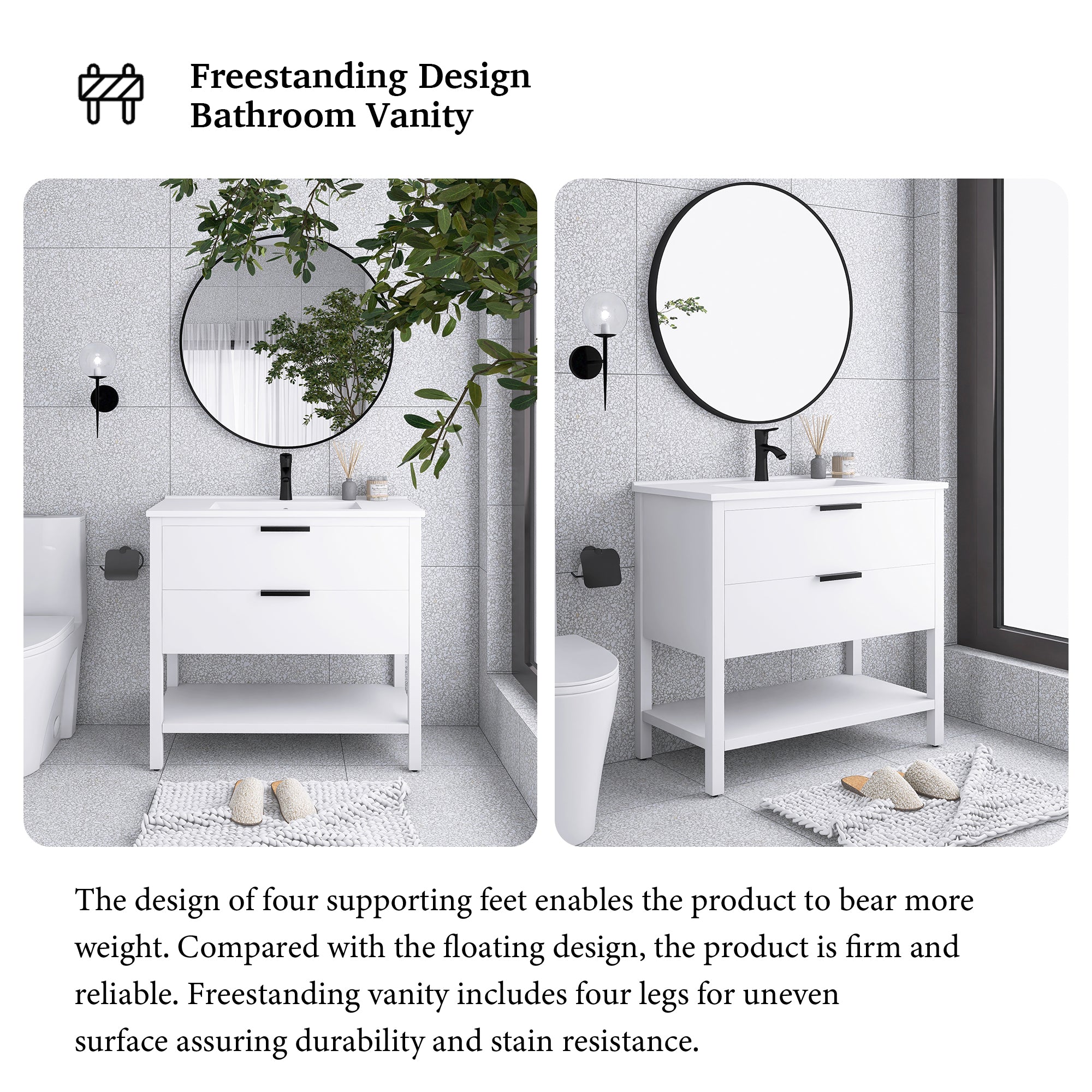 36 Inch Freestanding Bathroom Vanity Plywood With 2 Drawers with Shelves with Polymarble Sink