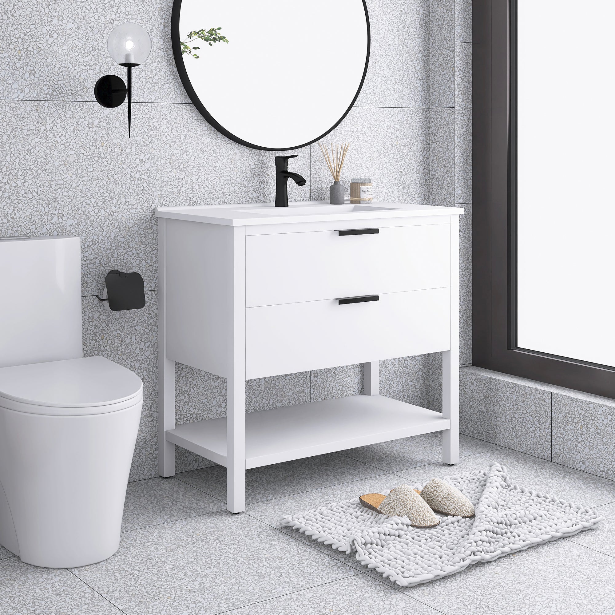 36 Inch Freestanding Bathroom Vanity Plywood With 2 Drawers with Shelves with Polymarble Sink