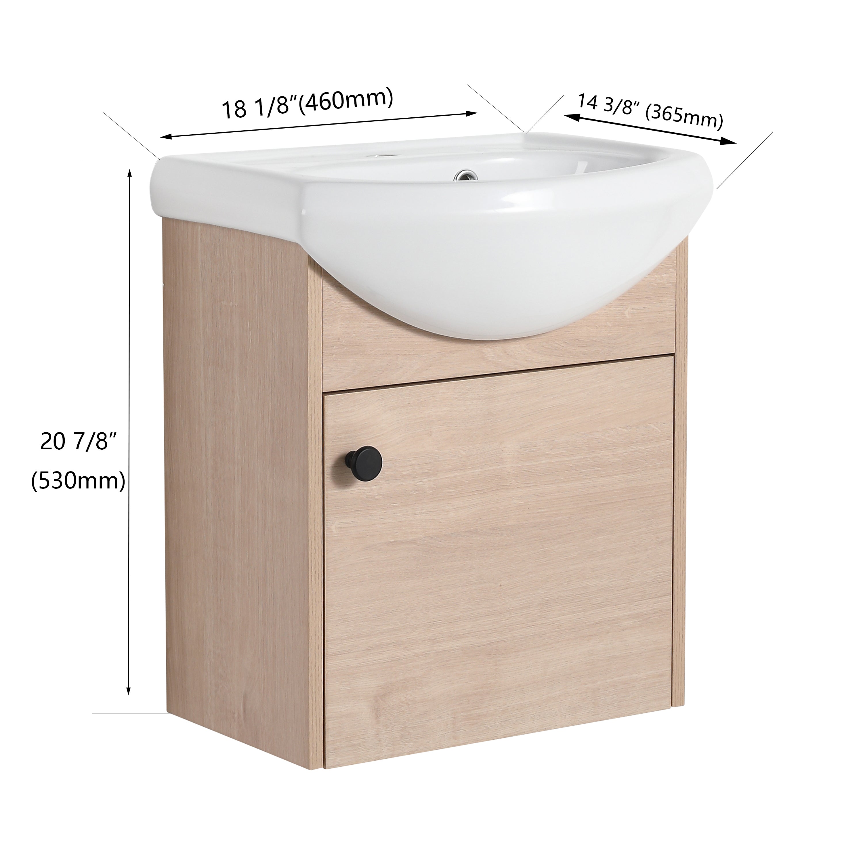 18 Inch Wall Mounting Design Bathroom Vanity in Plain Light Oak With Ceramic Sink