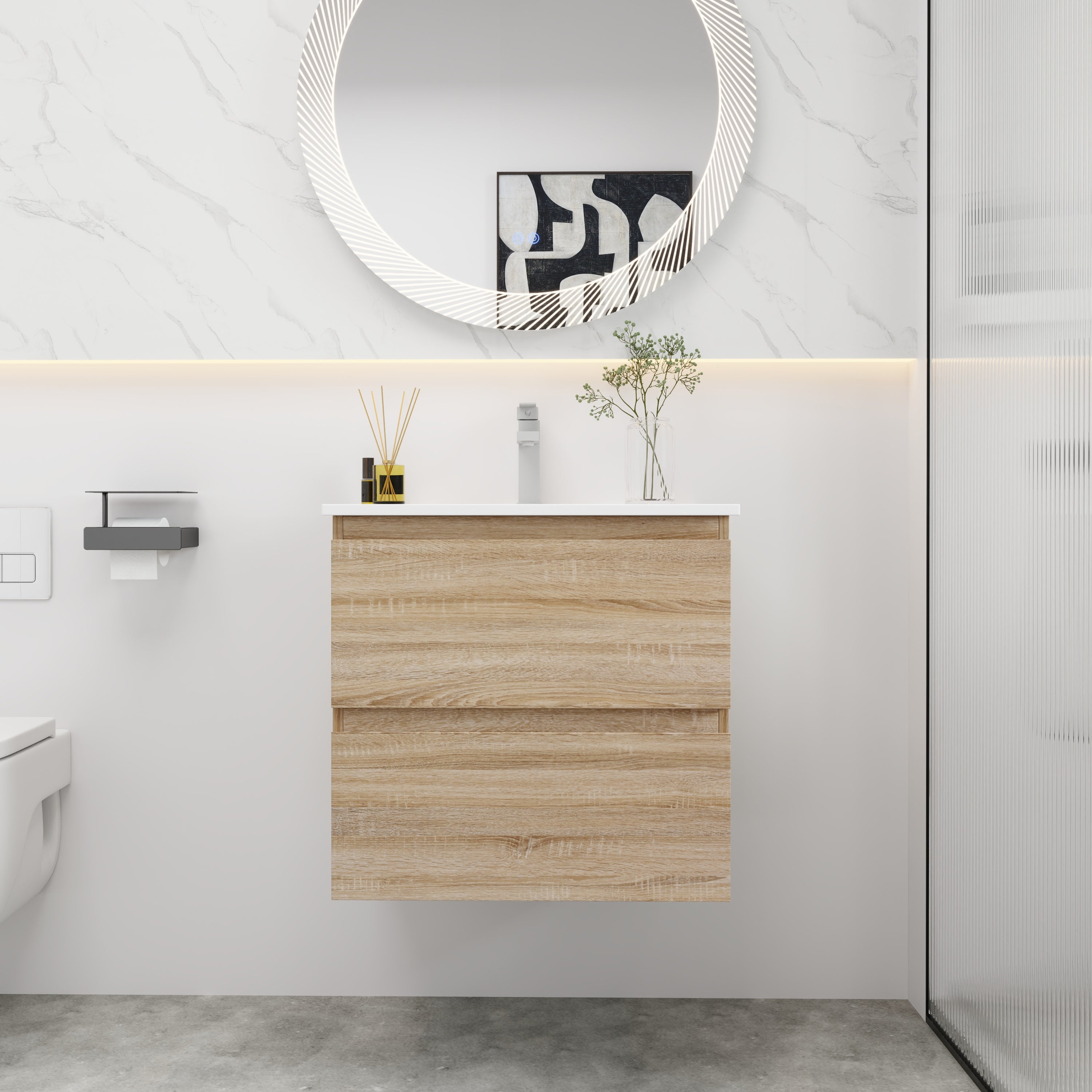 24''/30"Floating Bathroom Vanity with Cultured Marble Basin Top with Soft Close Drawer