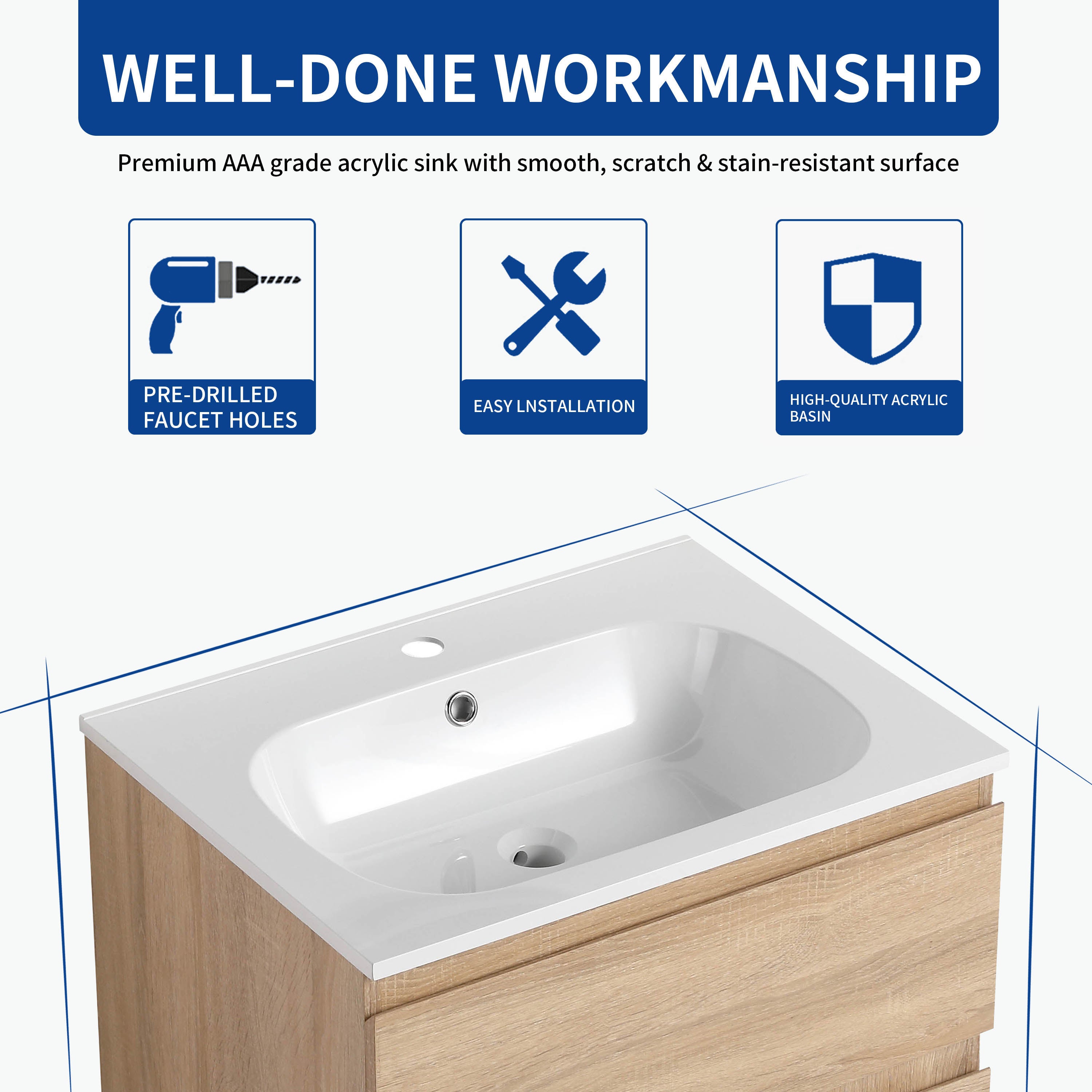 24''/30"Floating Bathroom Vanity with Cultured Marble Basin Top with Soft Close Drawer