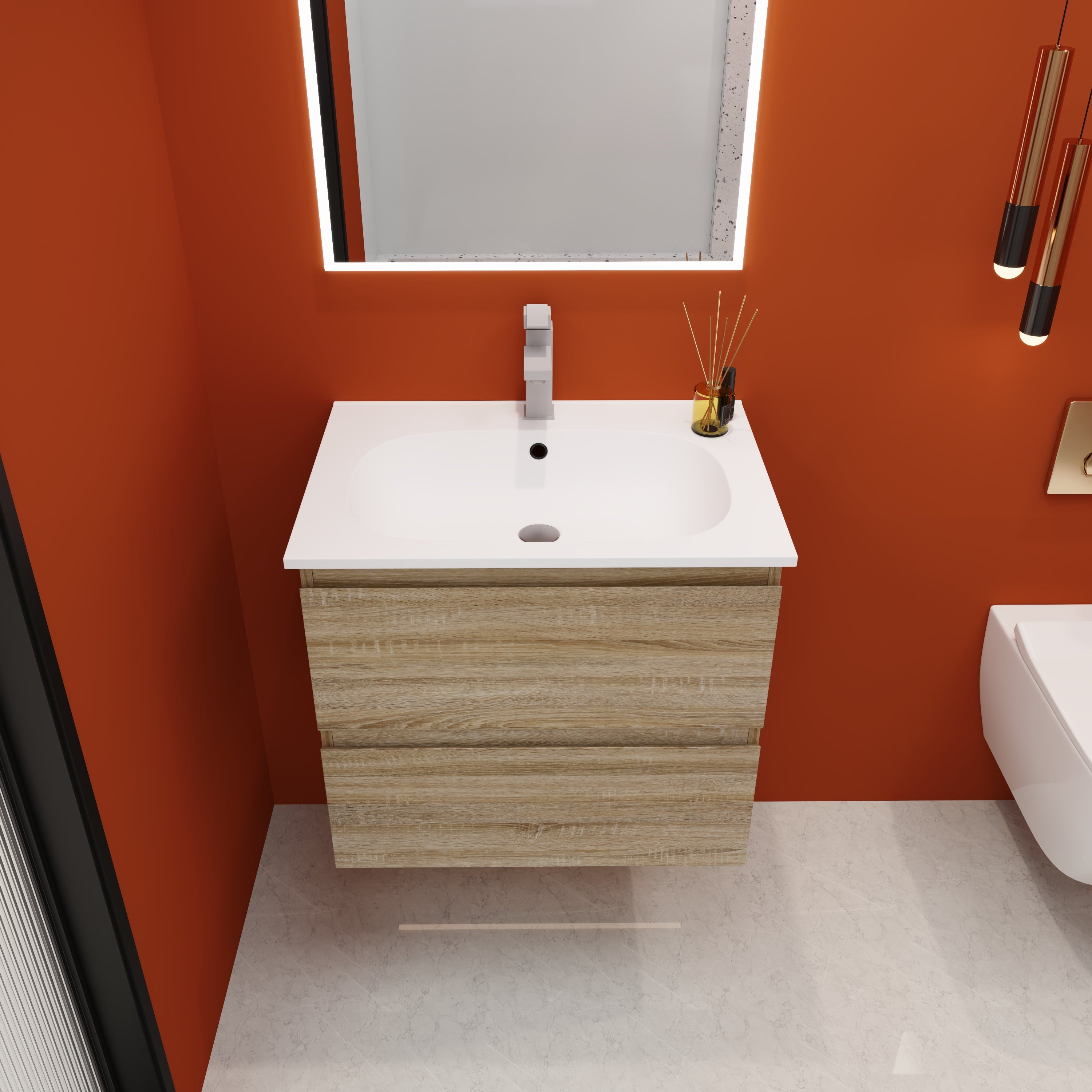 24''/30"Floating Bathroom Vanity with Cultured Marble Basin Top with Soft Close Drawer