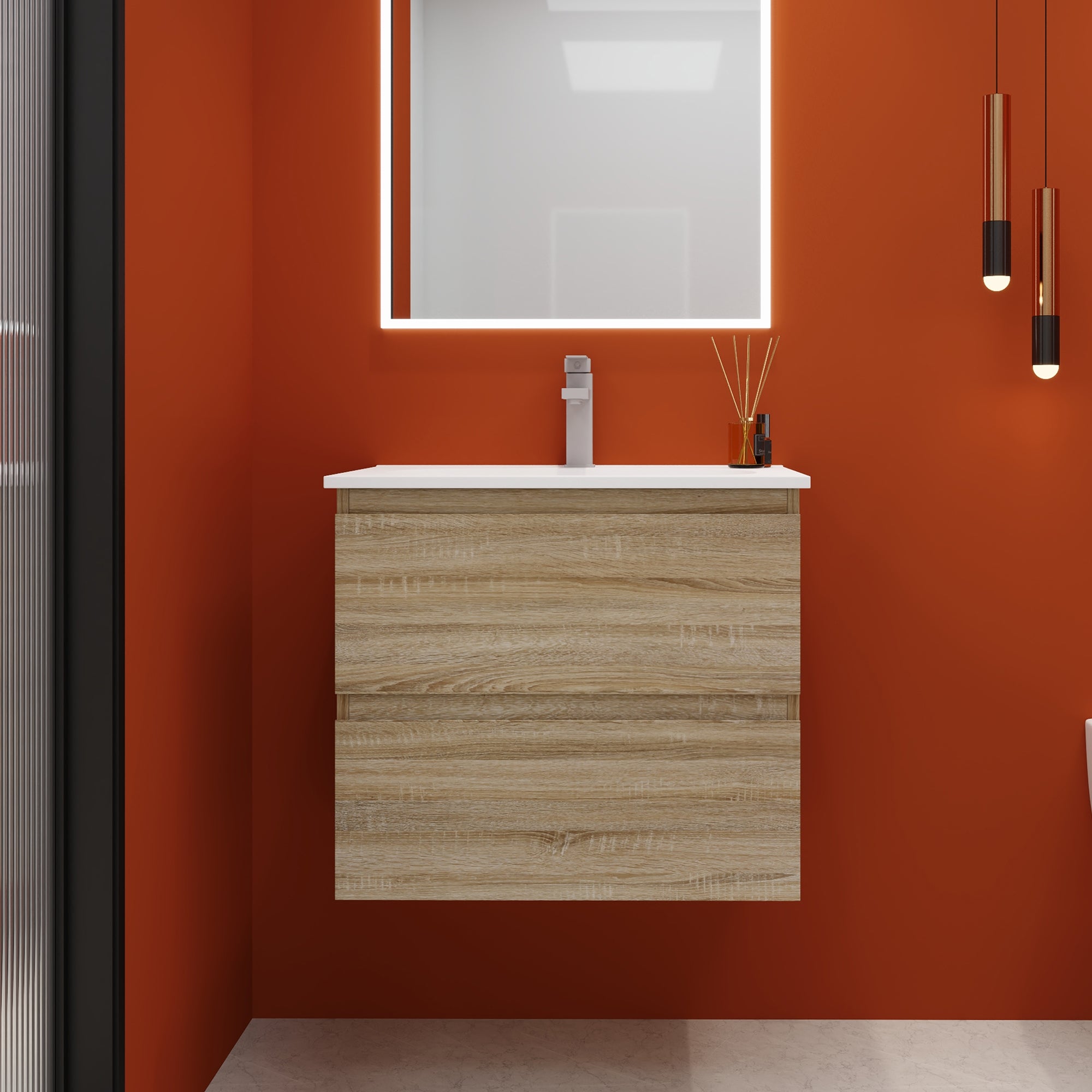 24''/30"Floating Bathroom Vanity with Cultured Marble Basin Top with Soft Close Drawer
